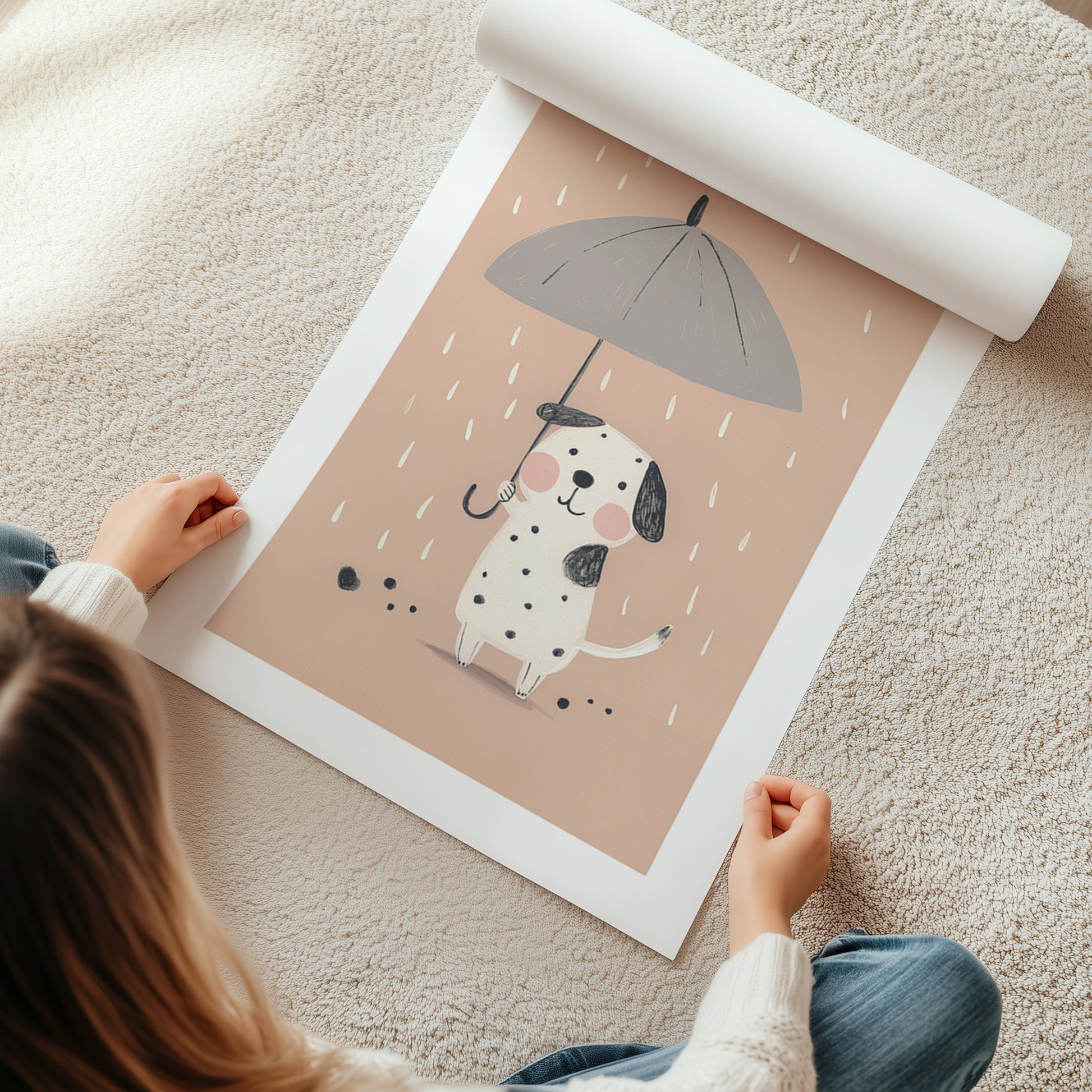 Kinderzimmerbild Hund mit Regenschirm im Regen Din A4 A3 - Poster für das Kinderzimmer babyzimmer 