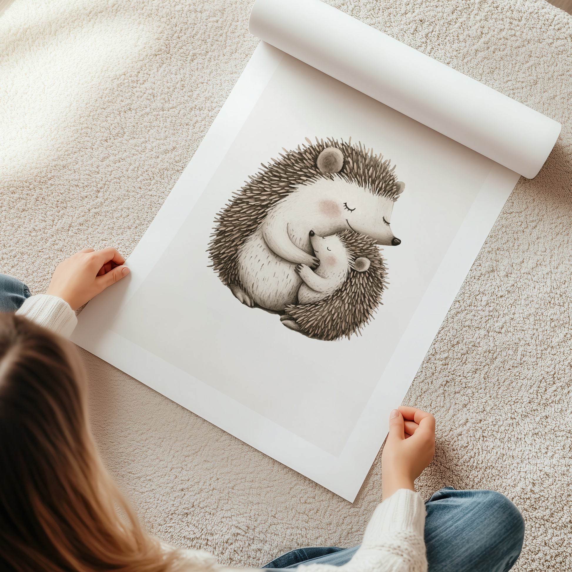 Kinderzimmerbild Igel Mama mit Kind gemald A4 - Poster für das Kinderzimmer babyzimmer