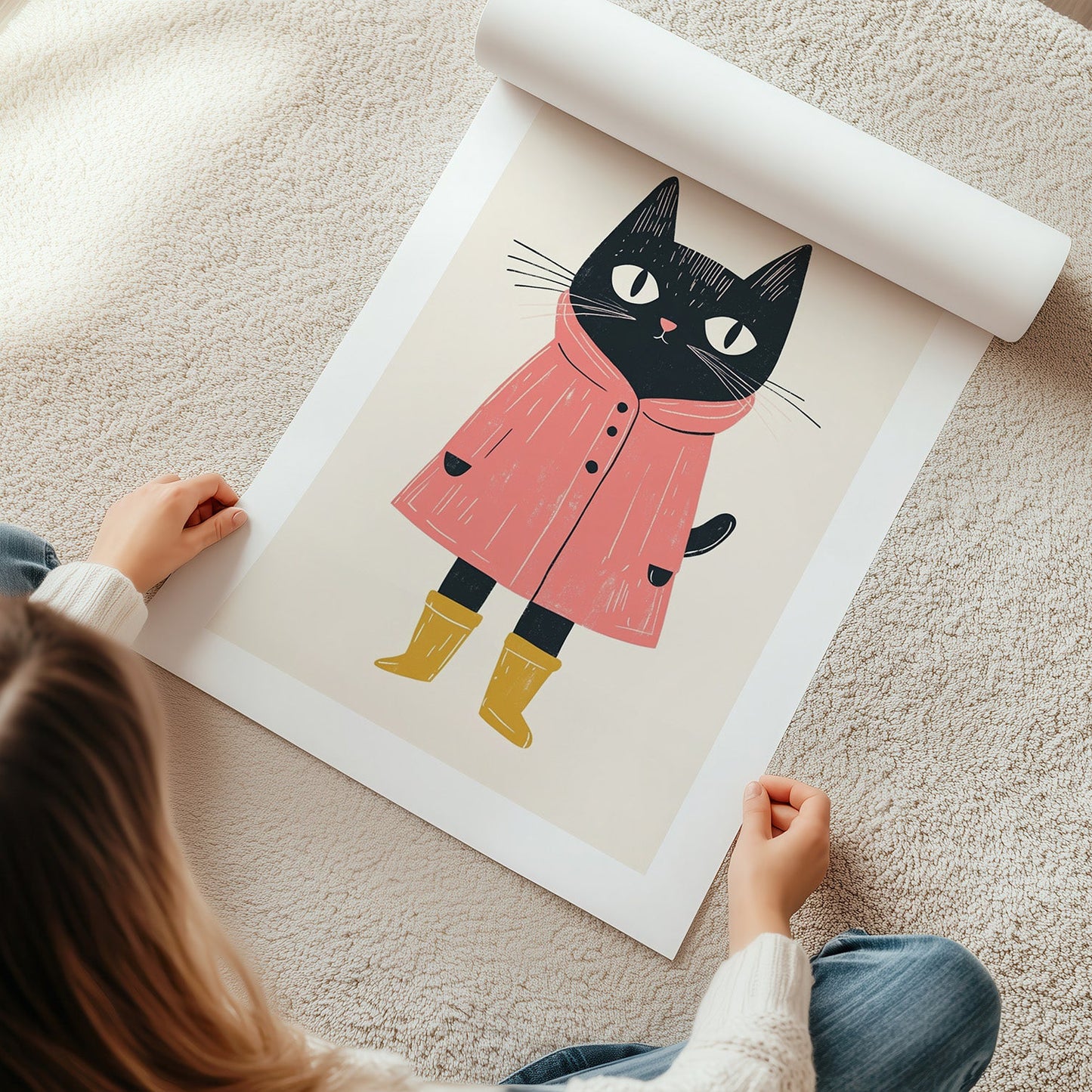 Kinderzimmerbild mit einer Katze die einen Regenmantel und Gummistiefel trägt. Poster für das Kinderzimmer