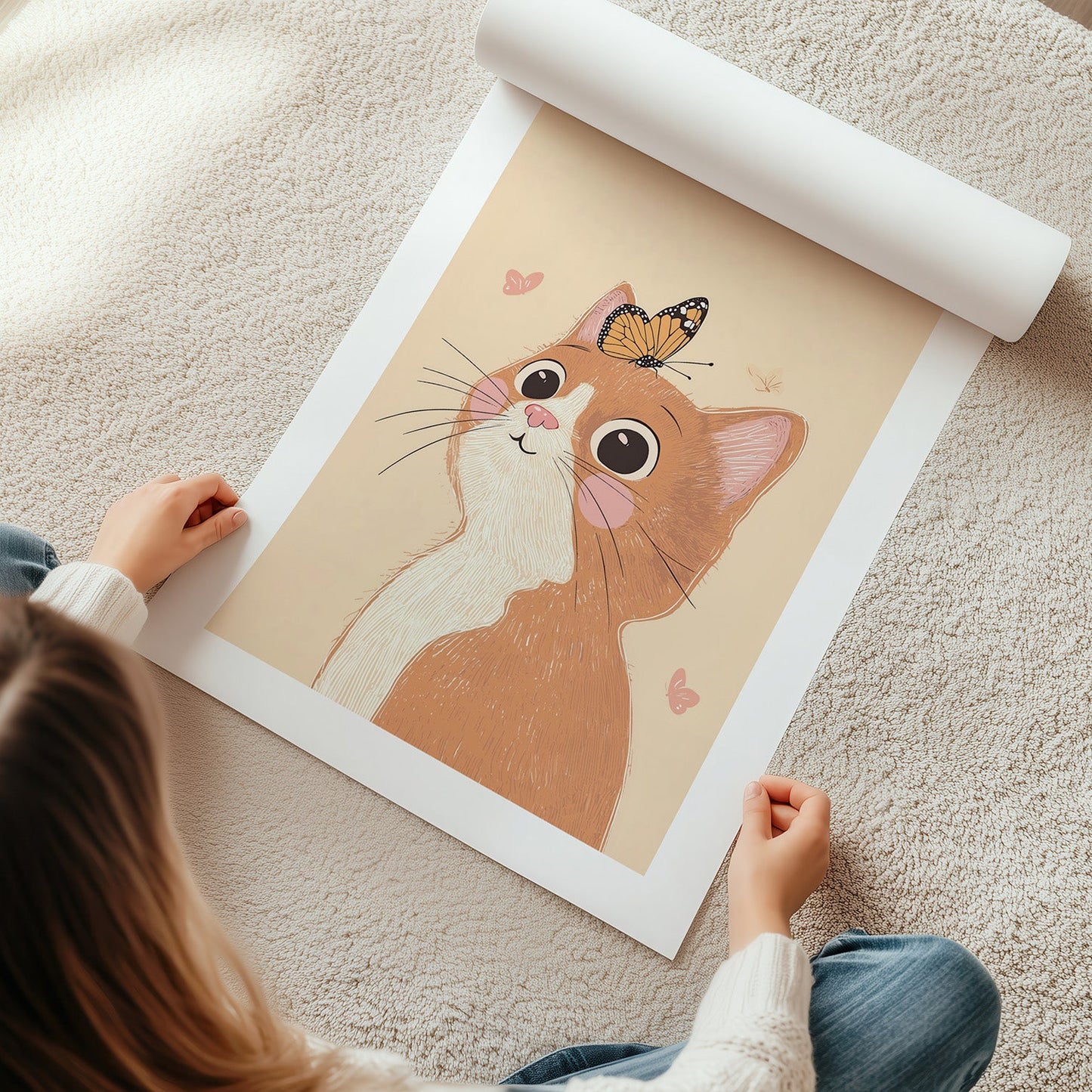 Kinderzimmerbild mit einer Katze und einem Schmeetling auf einen beigen Hintergrund - Poster für das Kinderzimmer