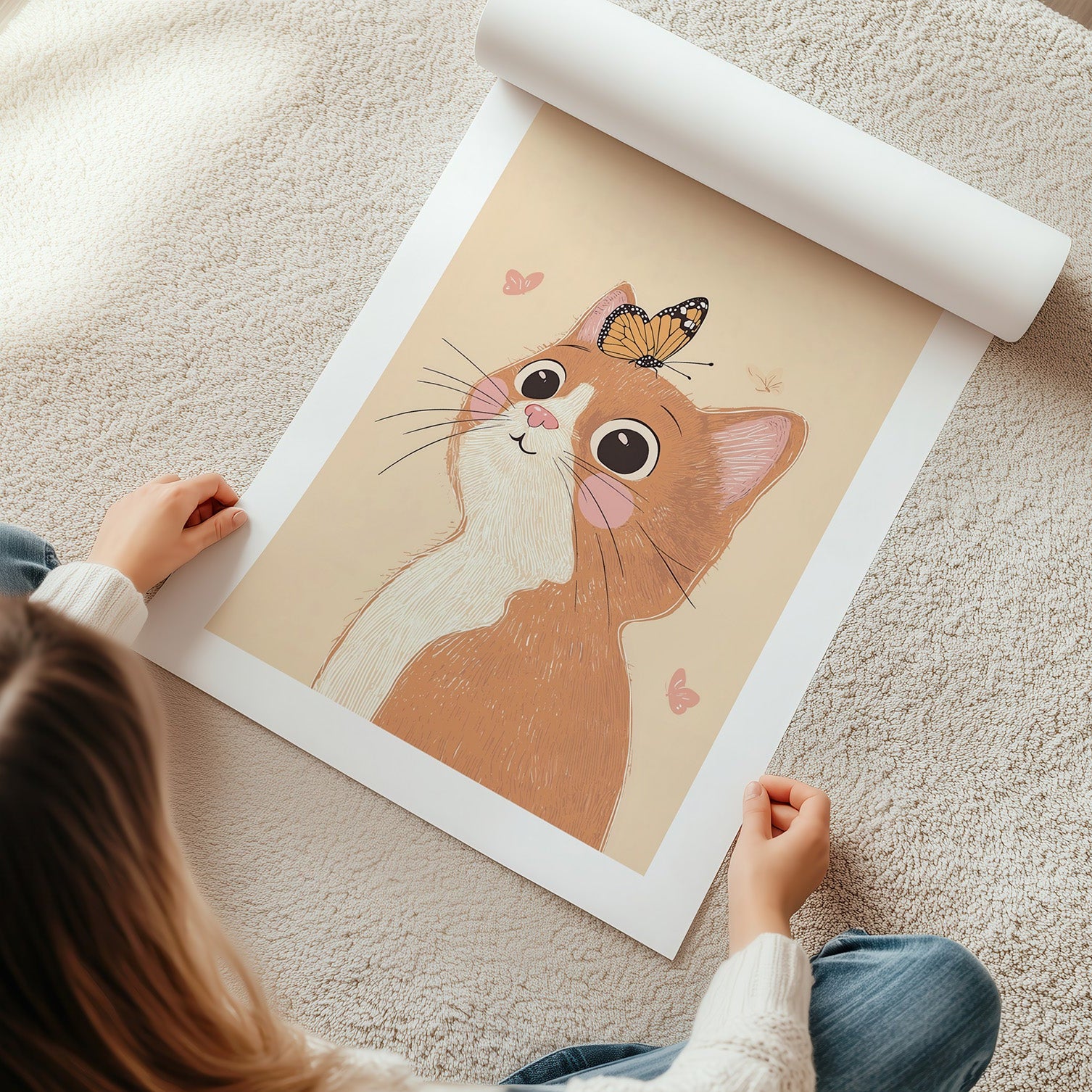 Kinderzimmerbild mit einer Katze und einem Schmeetling auf einen beigen Hintergrund - Poster für das Kinderzimmer