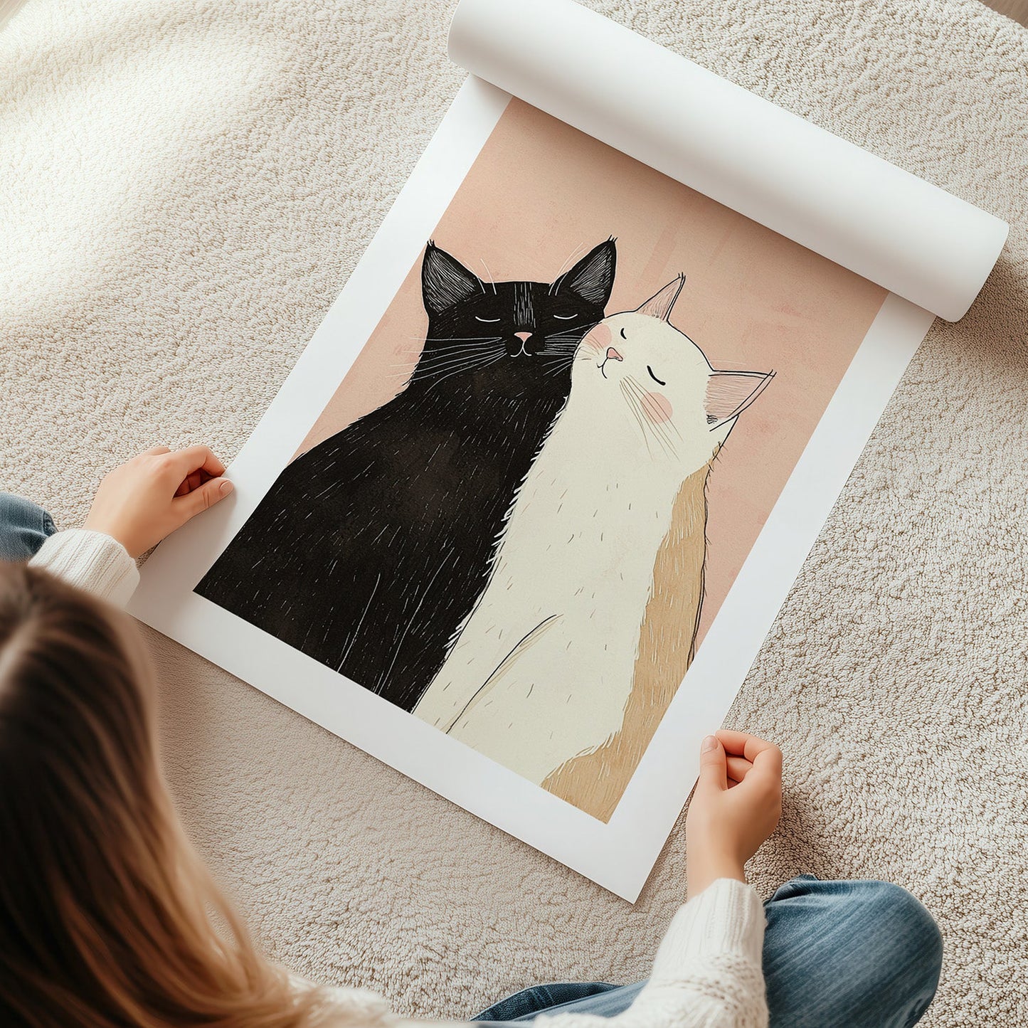Kinderzimmerbild mit zwei Katzen. Eine Weiß und eine Schwarz . Poster für das Kinderzimmer