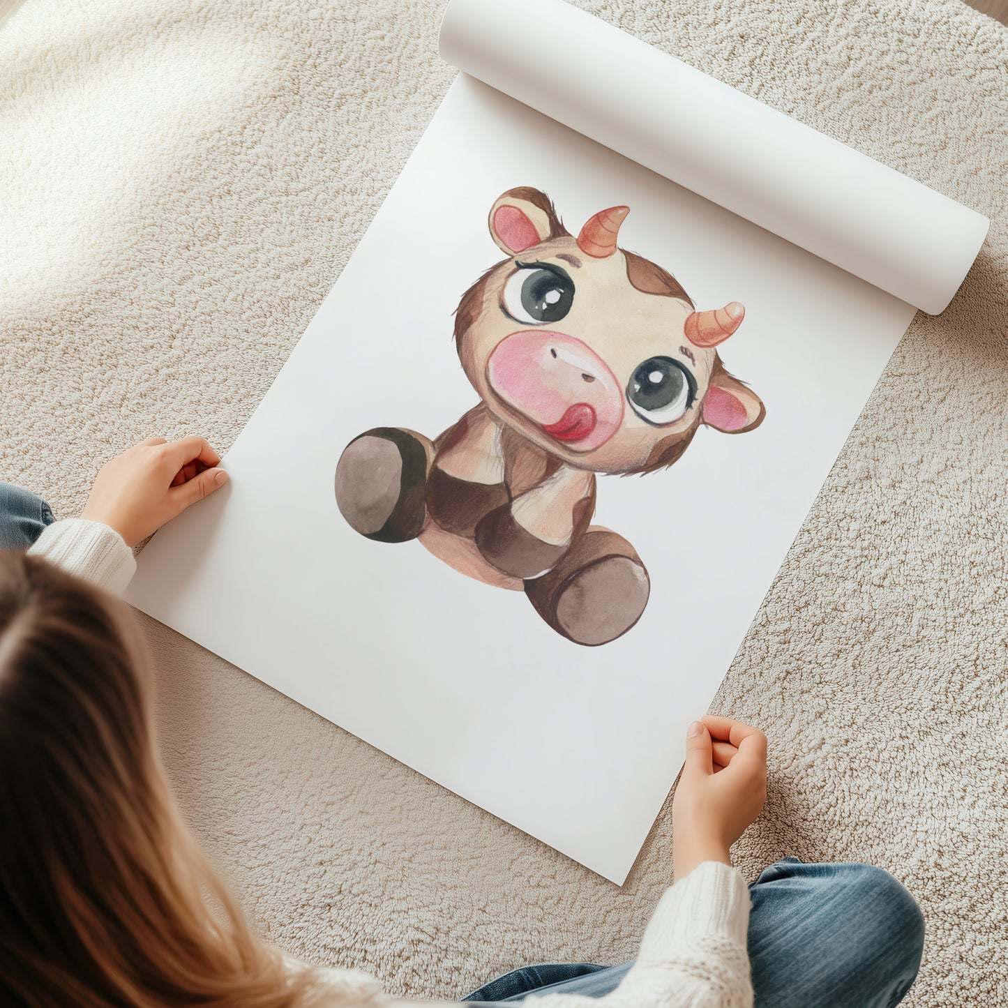 Kinderzimmerbild mit einer gemaltem Kuh. Poster für das Kinderzimmer Babyzimmer