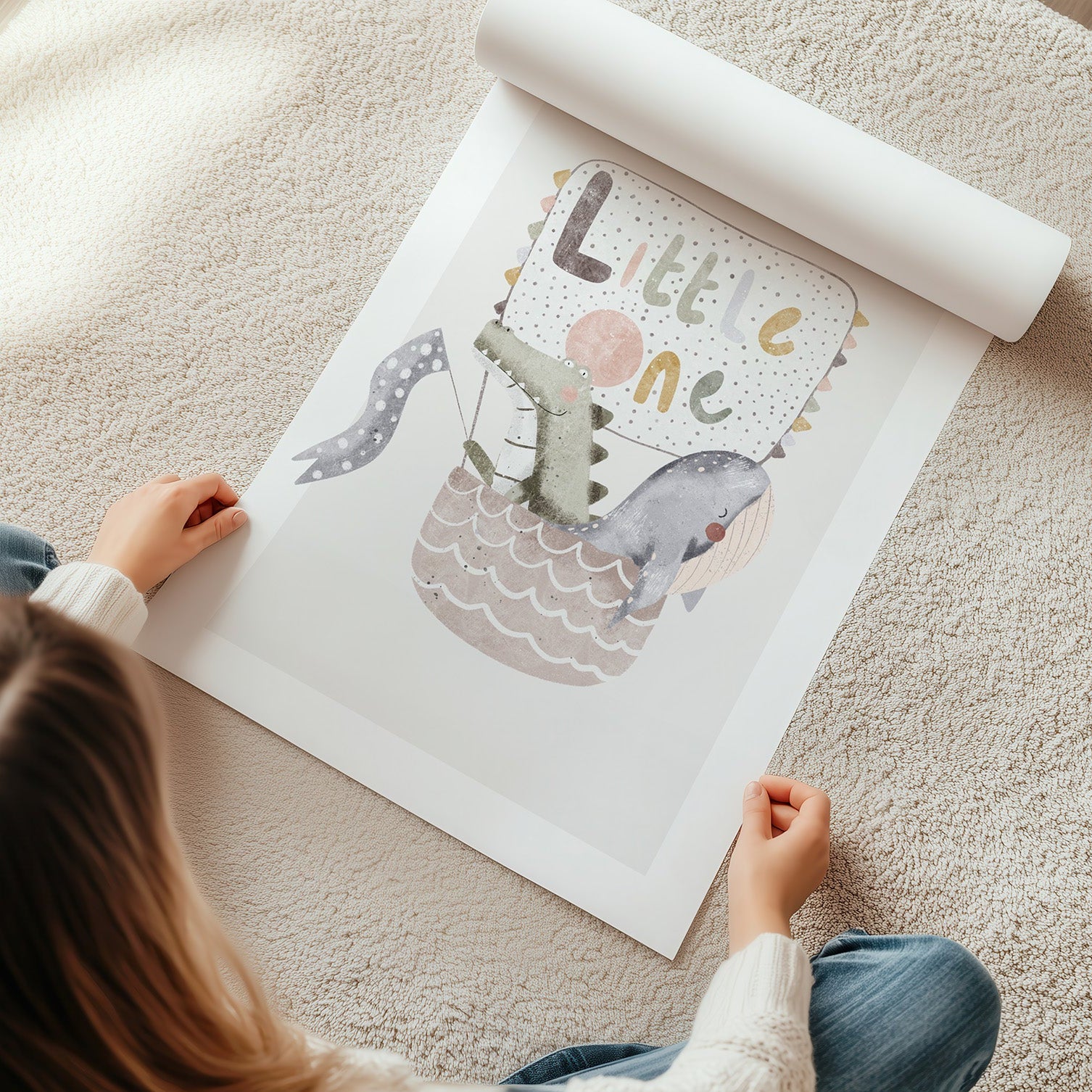 Kinderzimmerbild Tiere in einem Heißluftballon mit dem Text Little One - Poster für das Kinderzimmer