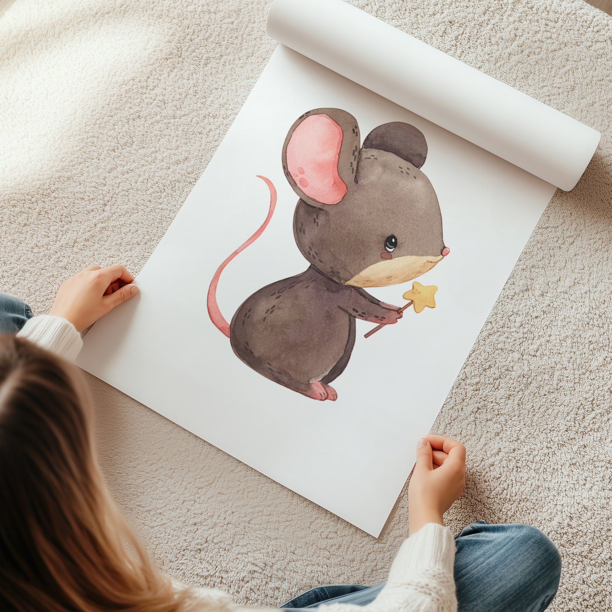 Kinderzimmerbild Maus mit einem Sternen Stab A4 A3 - Poster für das Kinderzimmer babyzimmer 