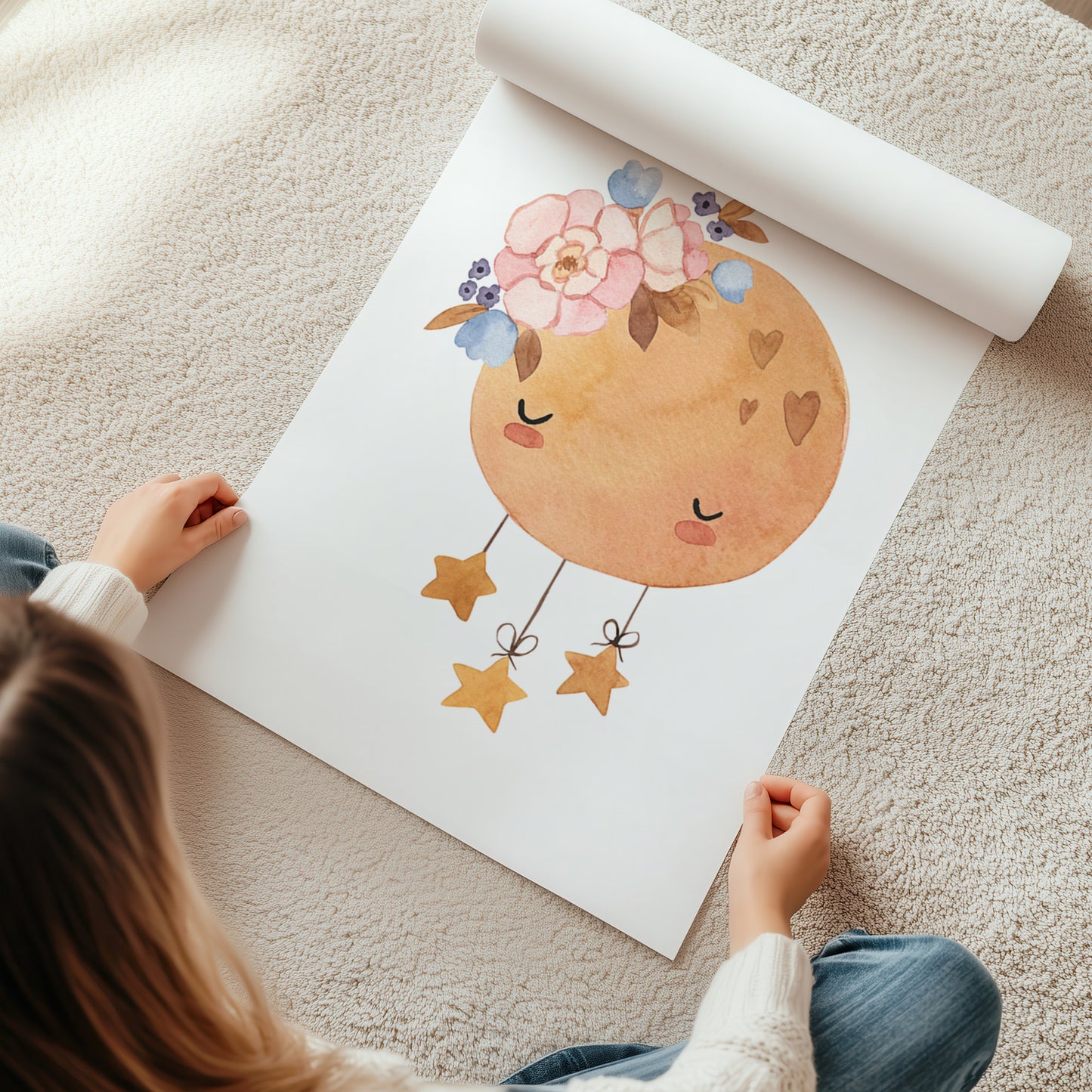 Kinderzimmerbild schlafender Mond mit Sternen A4 A3 - Poster für das Kinderzimmer babyzimmer 