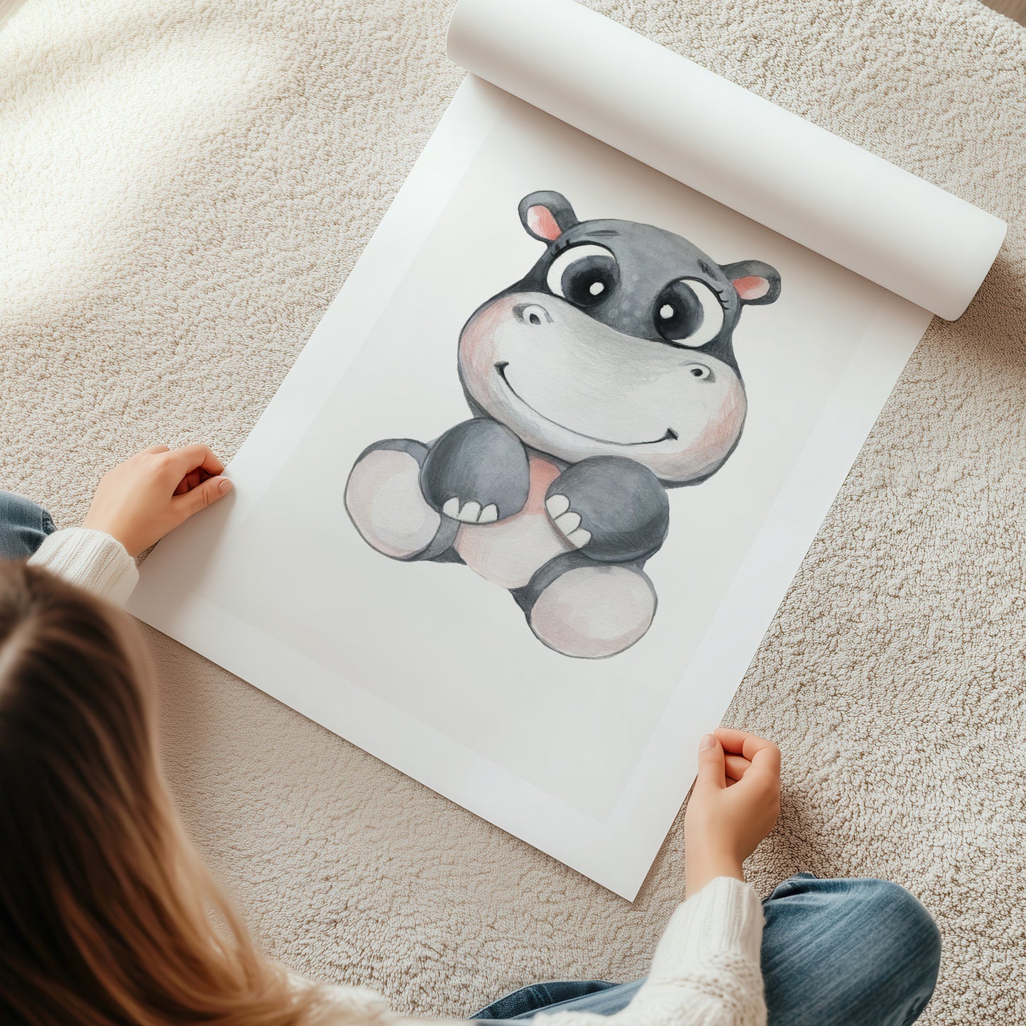 Kinderzimmerbild mit einem gemaltem Nilpferd. Poster für das Kinderzimmer Babyzimmer