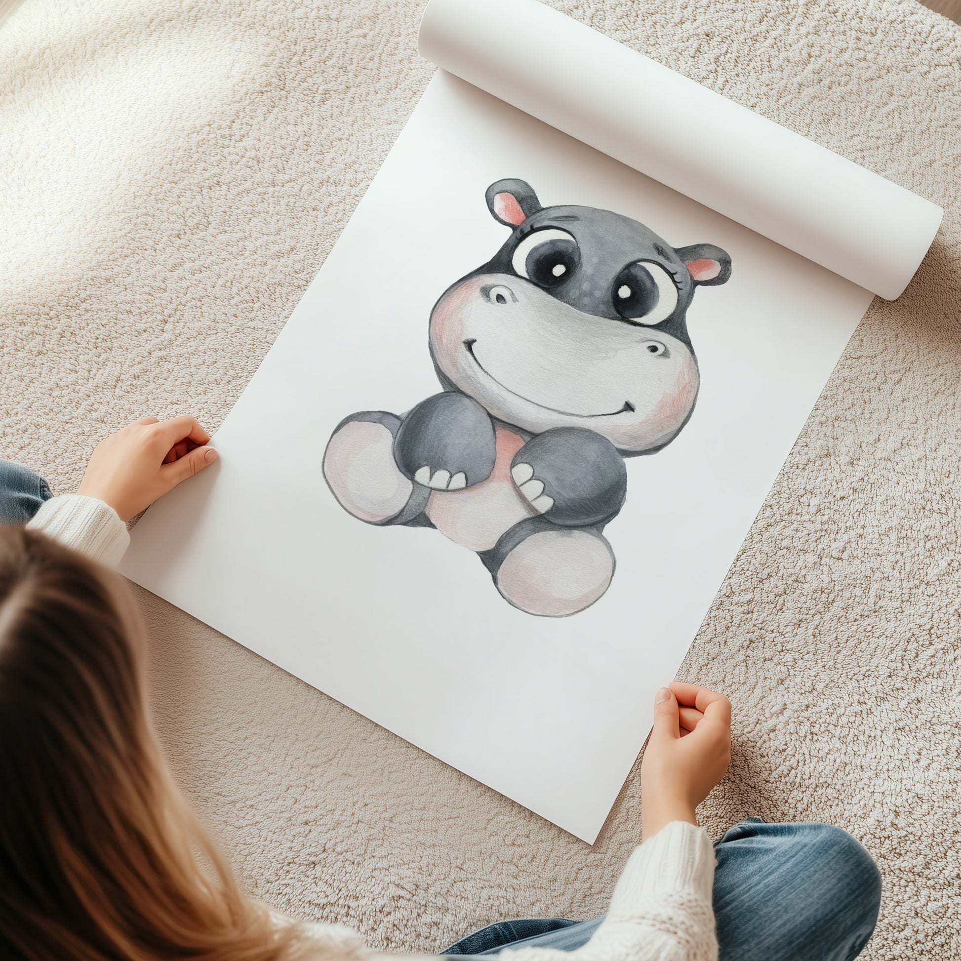 Kinderzimmerbild mit einer gemaltem Nilpferd. Poster für das Kinderzimmer Babyzimmer