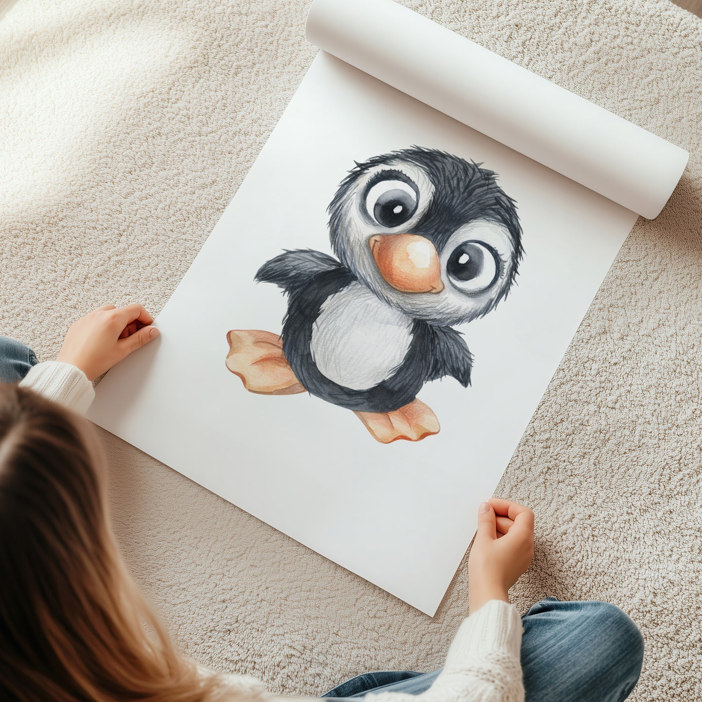 Kinderzimmerbild mit einer gemaltem Pinguin. Poster für das Kinderzimmer Babyzimmer