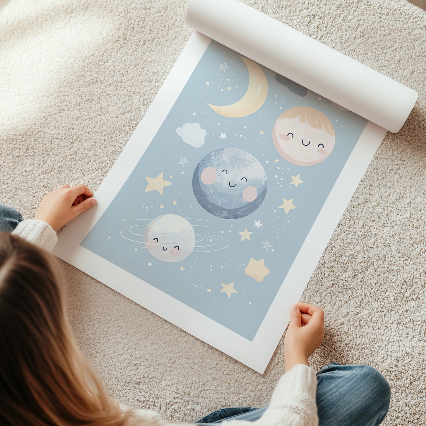 Kinderzimmerbild Planeten  blau Mond Planeten bunt A4 A3 - Poster für das Kinderzimmer babyzimmer 