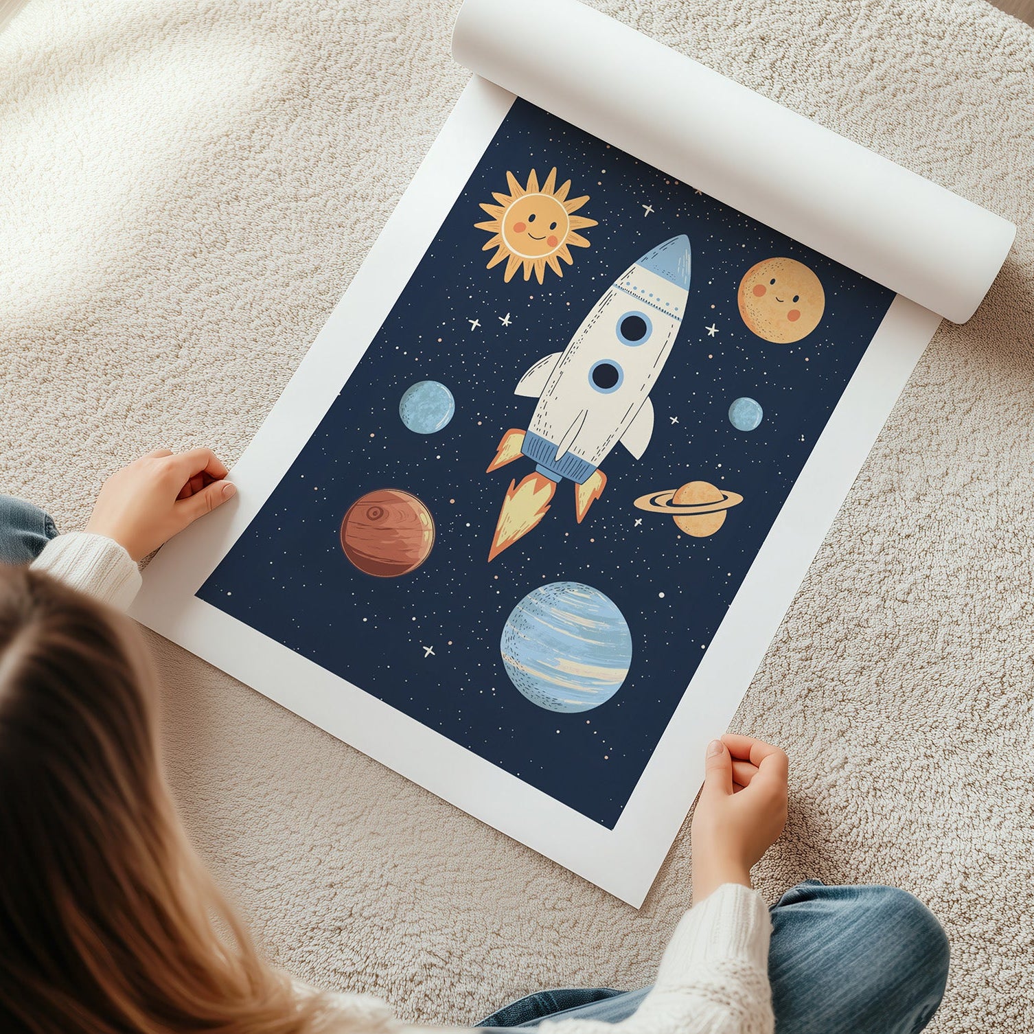 Rakete gemalt fliegt durch das Weltall vorbei an Planeten Sternen und der Sonne Kinderzimmerbild Poster