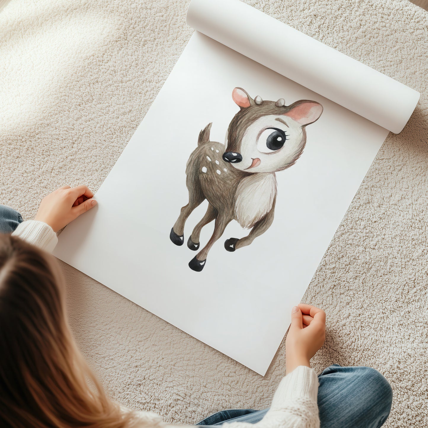 Kinderzimmerbild mit einer gemaltem Reh. Poster für das Kinderzimmer Babyzimmer
