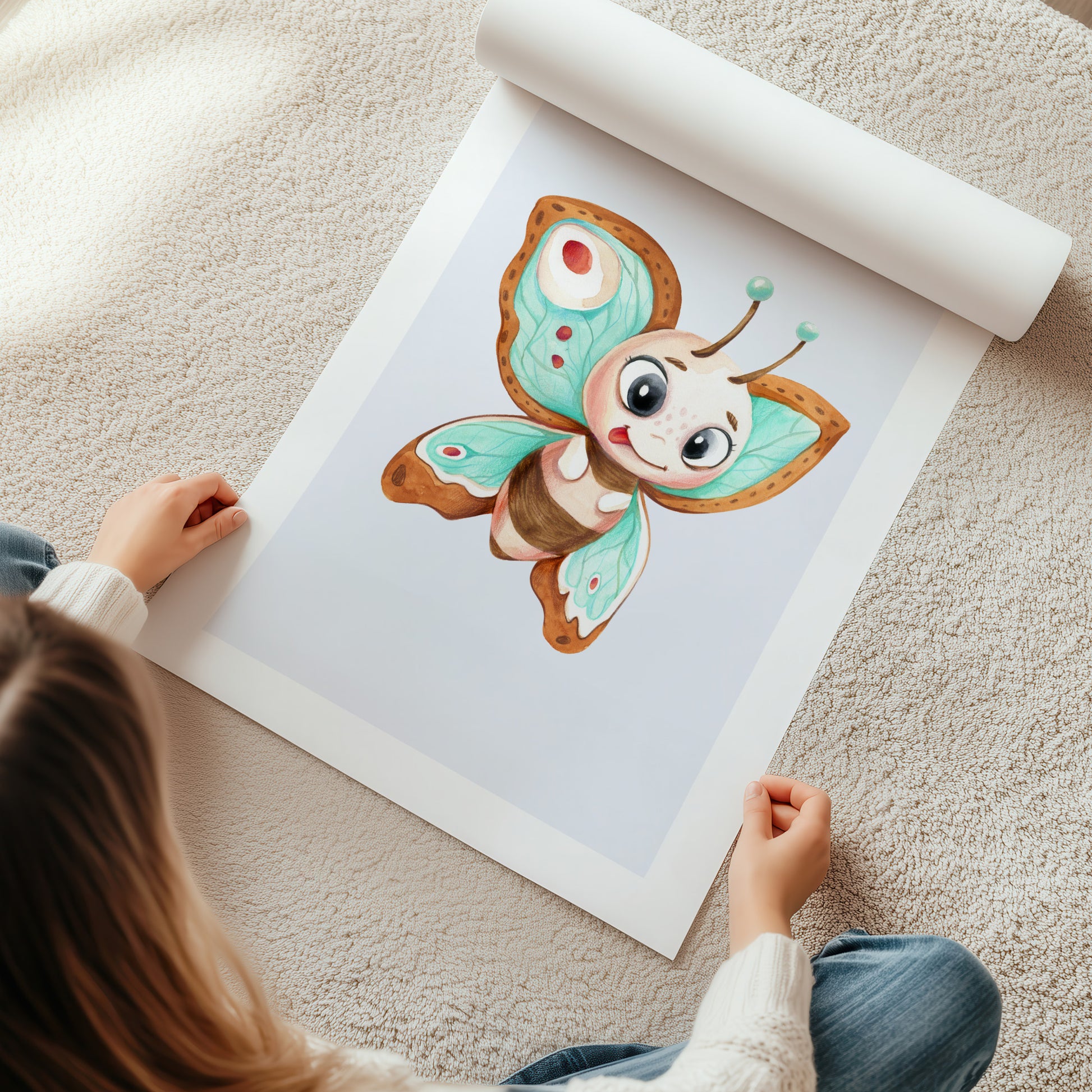 Kinderzimmerbild mit einem gemaltem Schmetterling auf blauem Hintergrund. Poster für das Kinderzimmer Babyzimmer