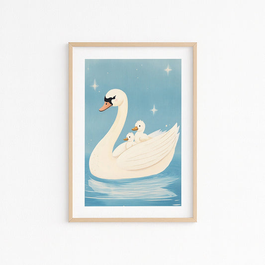 Kunstdruck gemalt mit einer Schwanfamilie im Wasser - Poster Kinderzimmerbild