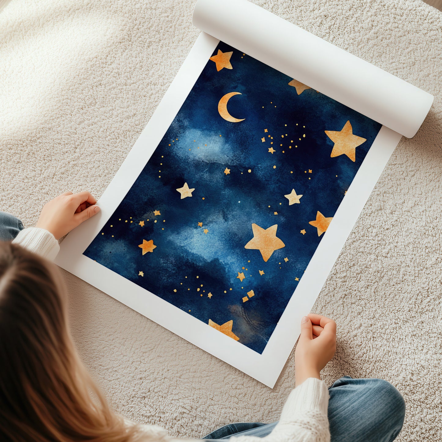 Kinderzimmerbild Sternenhimmel blau mit Mond und Sternen bunt A4 A3 - Poster für das Kinderzimmer babyzimmer 