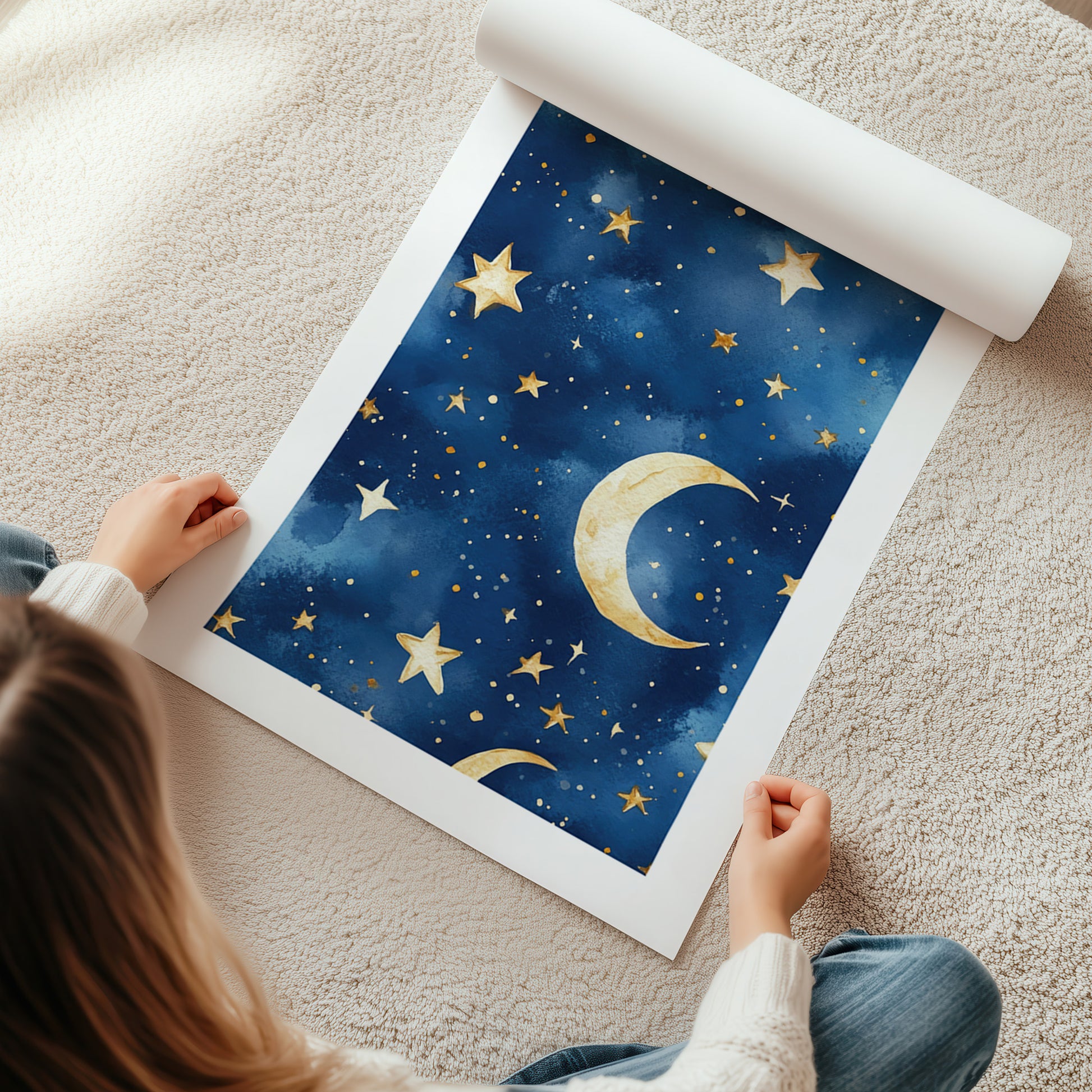 Kinderzimmerbild Sternenhimmel blau mit Mond und Sternen bunt A4 A3 - Poster für das Kinderzimmer babyzimmer 