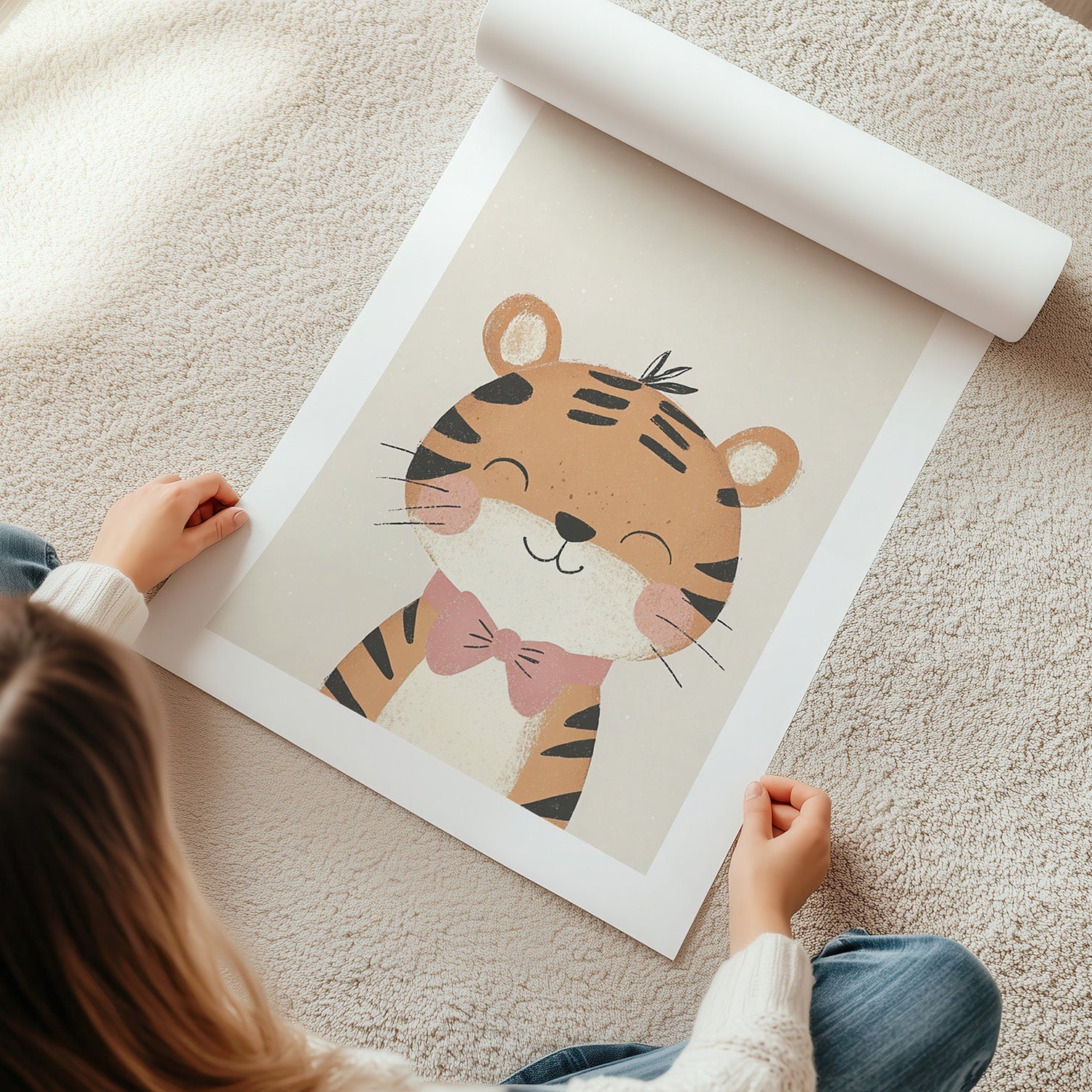 Wandbild mit gezeichneten Tierg mit einer roten Fliege um den Hals auf beigen Hintergrund. 