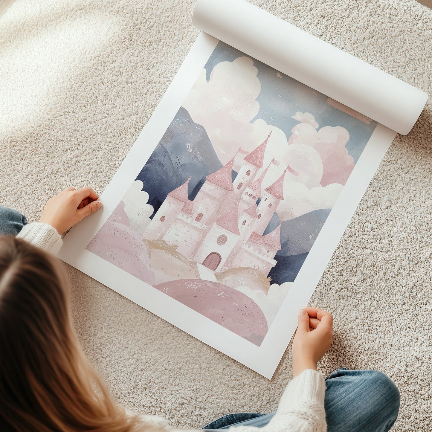 Wandbild mit gemalten Schloss für Kinder Pastelfarben
