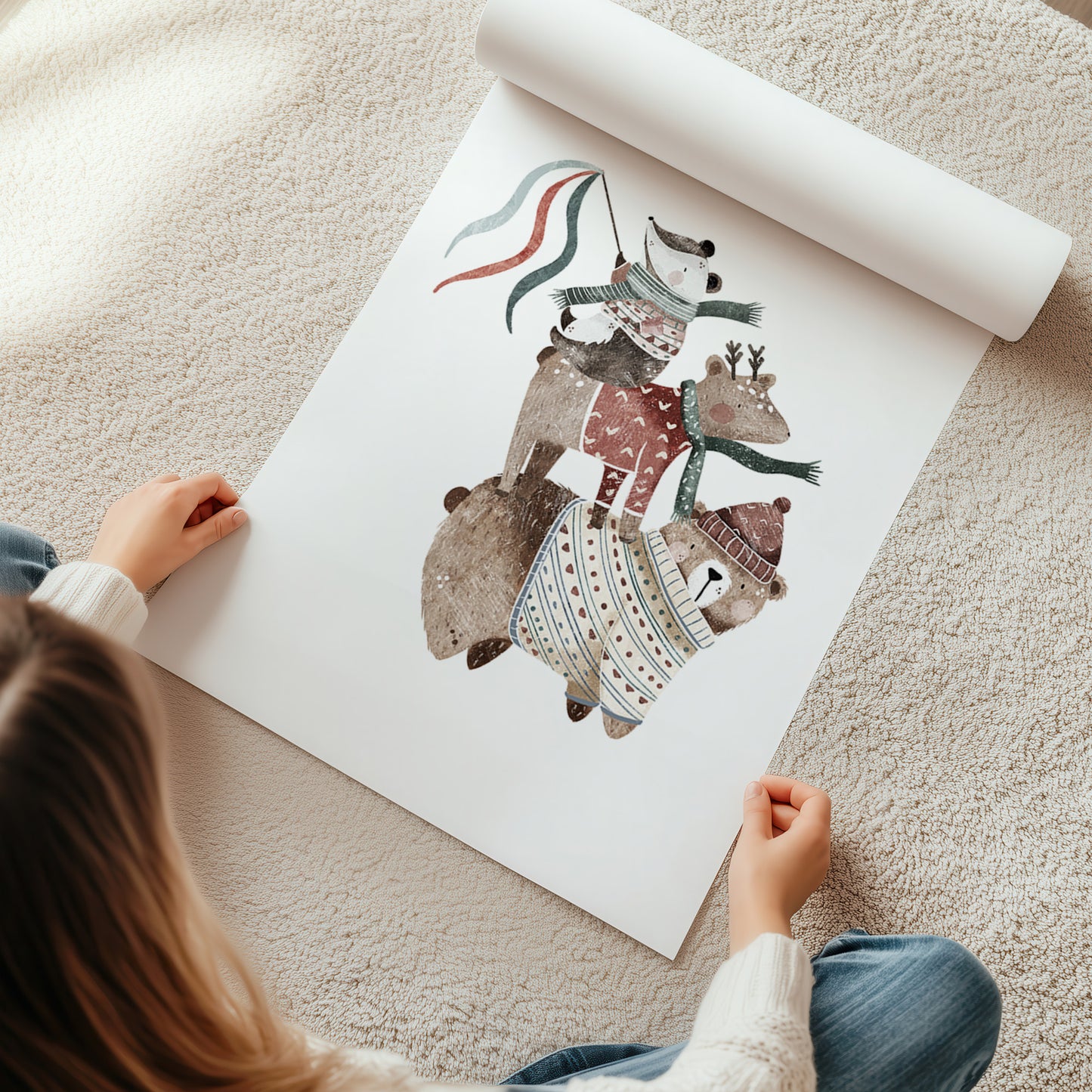 Kinderzimmerbild Bär Dachs Reh im Winter gemalt bunt A4 A3 - Poster für das Kinderzimmer babyzimmer