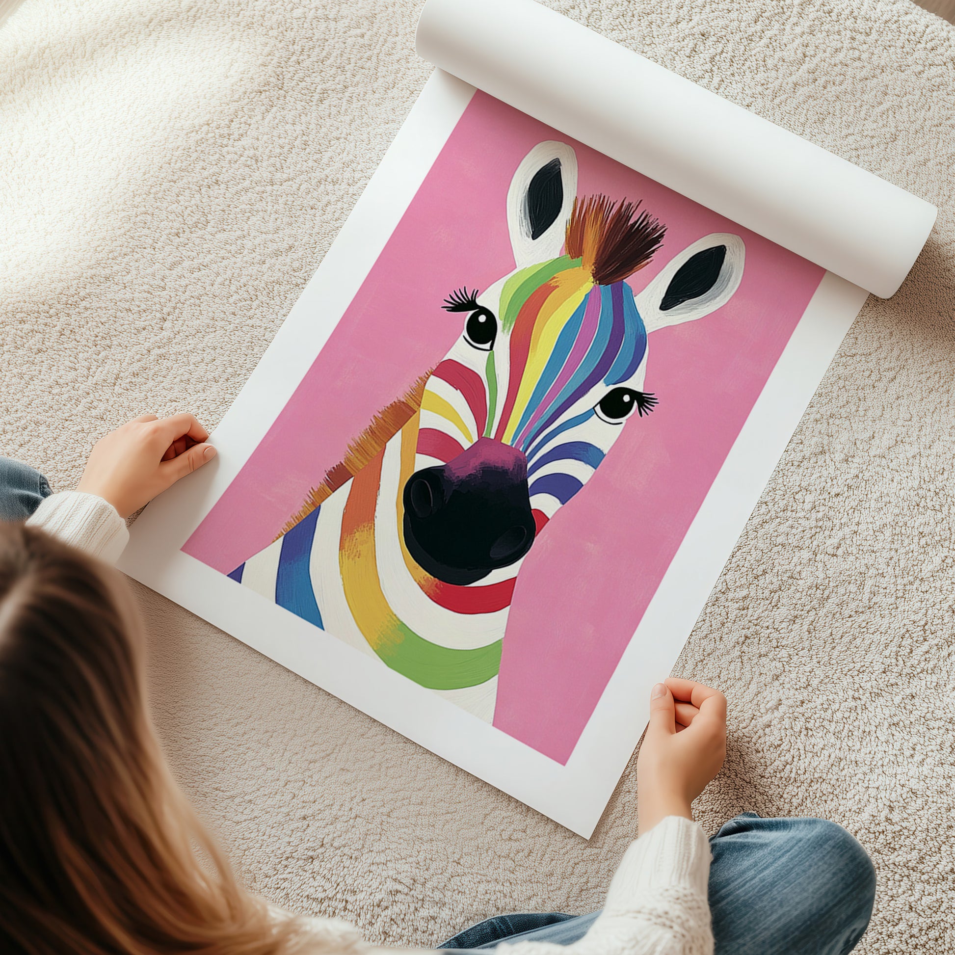 Kinderzimmerbild Zebra bunt auf pinkem Hintergrund mit Sternen Din A4 A3 - Poster für das Kinderzimmer babyzimmer 
