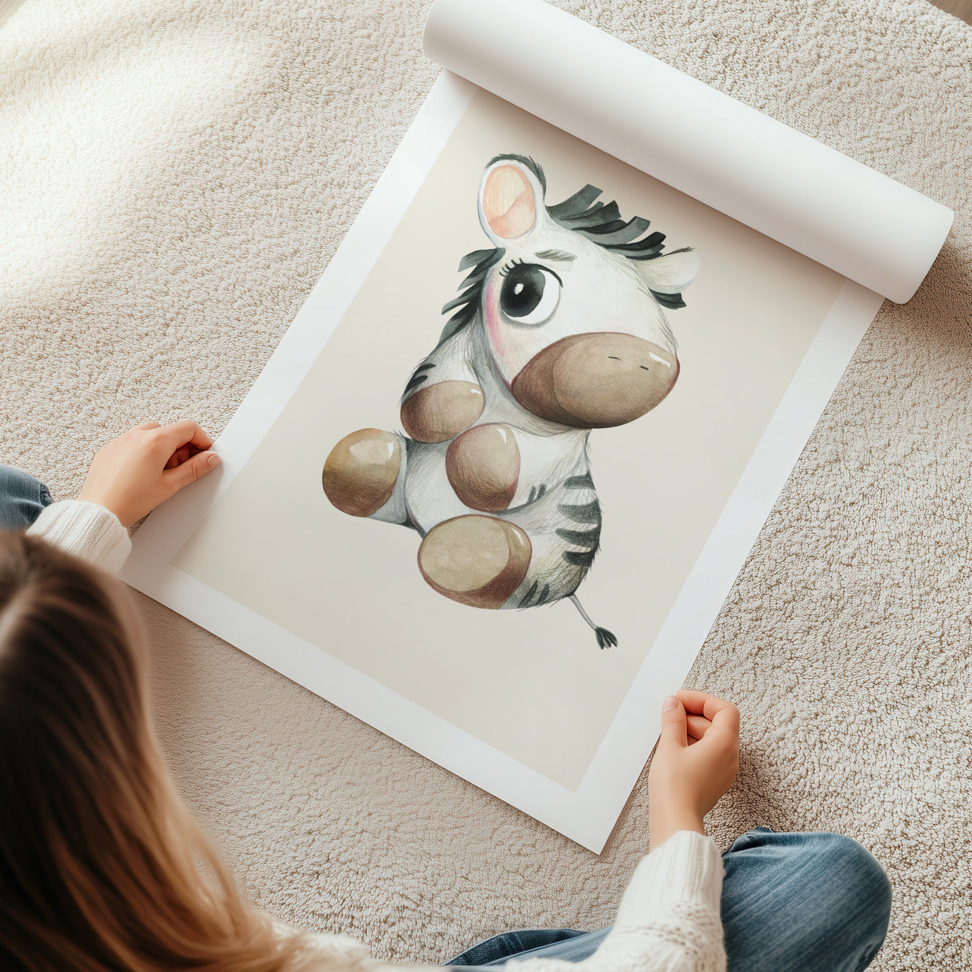 Kinderzimmerbild mit einem gemaltem Zebra auf beigen Hintergrund. Poster für das Kinderzimmer Babyzimmer