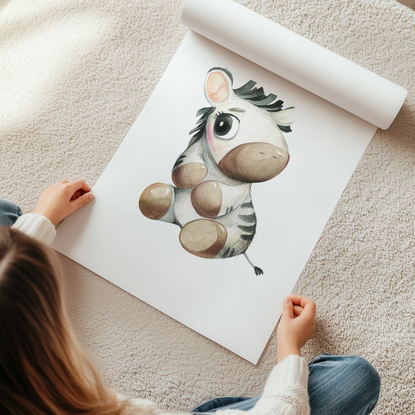 Kinderzimmerbild mit einer gemaltem Zebra. Poster für das Kinderzimmer