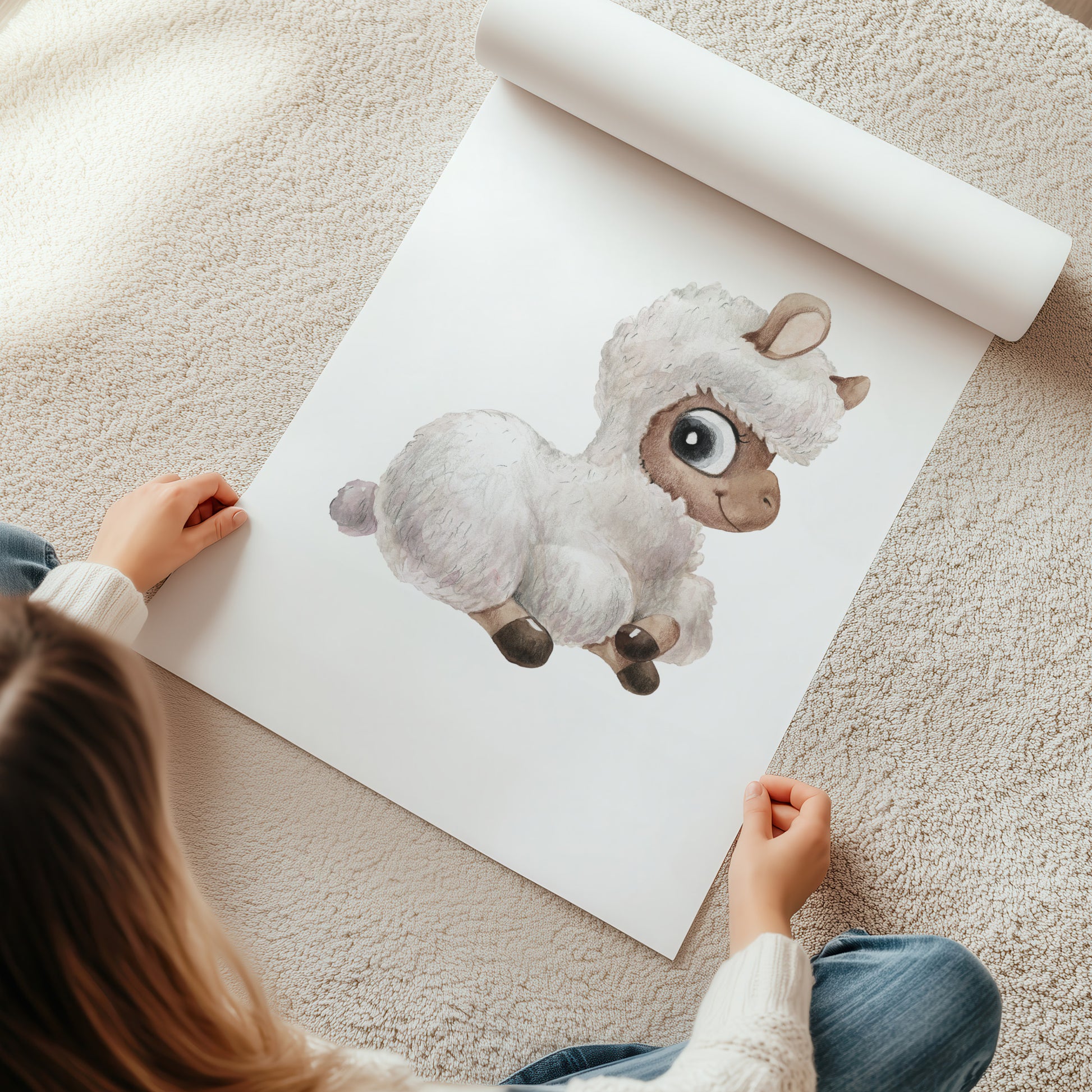 Kinderzimmerbild mit einer gemaltem Alpaka. Poster für das Kinderzimmer Babyzimmer
