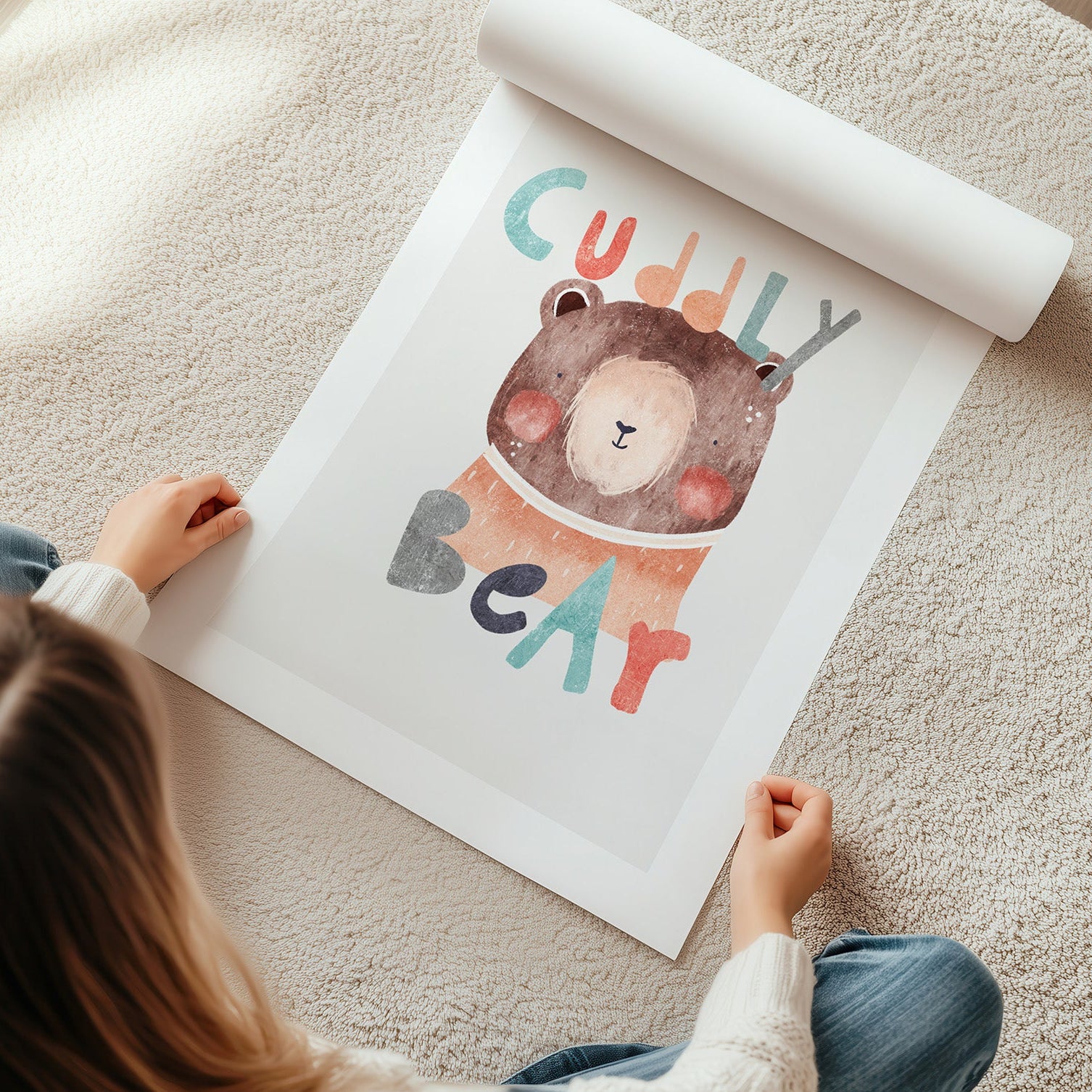 Kinderzimmerbild mit einem Bär und den Text Cuddly bear kinderzimmer poster