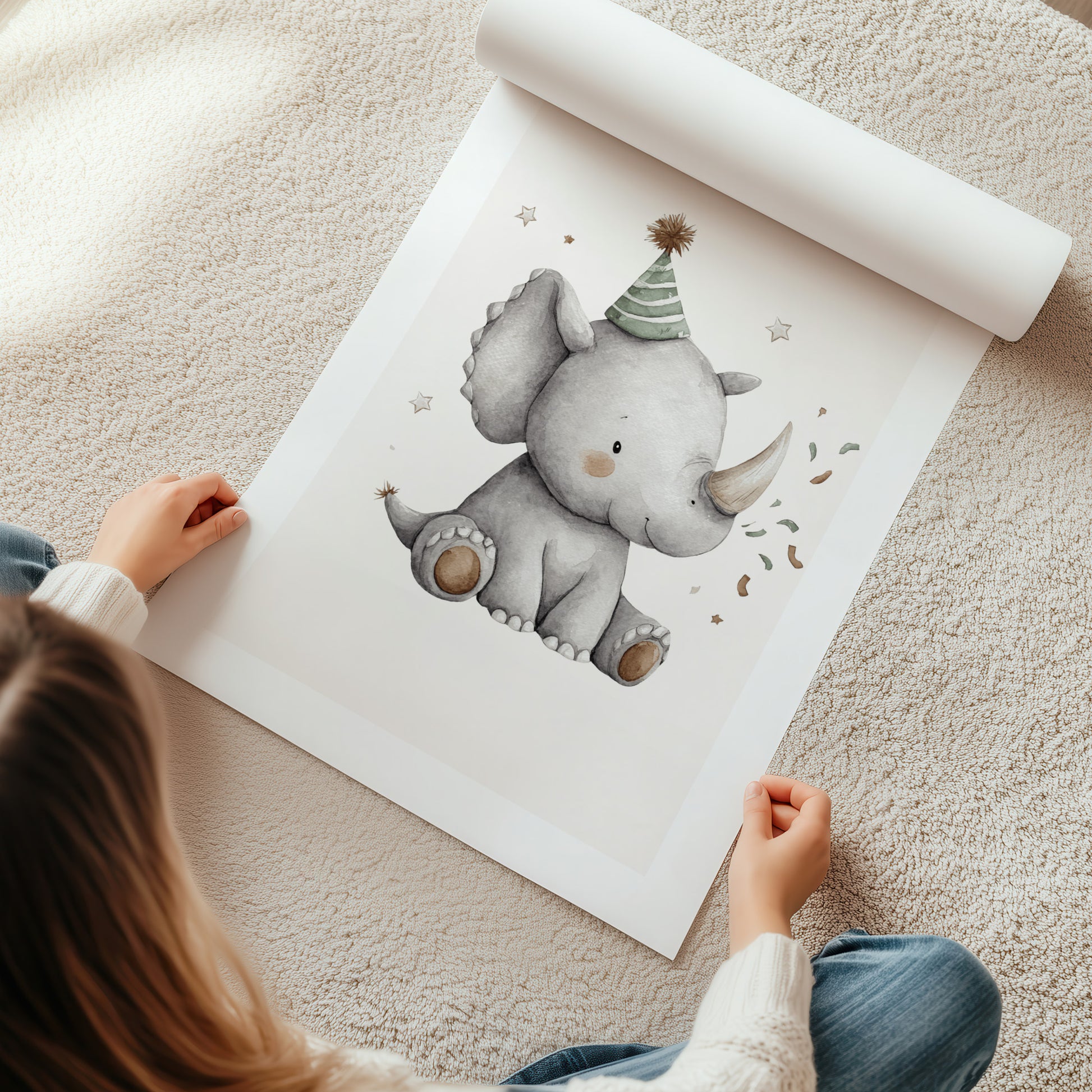 Kinderzimmerbild mit einem gemaltem Dinosaurier mit einemGeburtstagshut auf.  Poster für das Kinderzimmer 