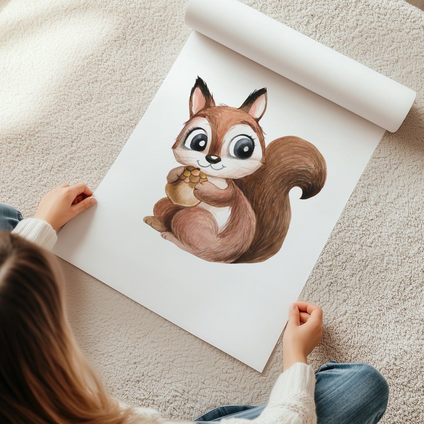 Kinderzimmerbild mit einer gemaltem Eichhörnchen. Poster für das Kinderzimmer Babyzimmer