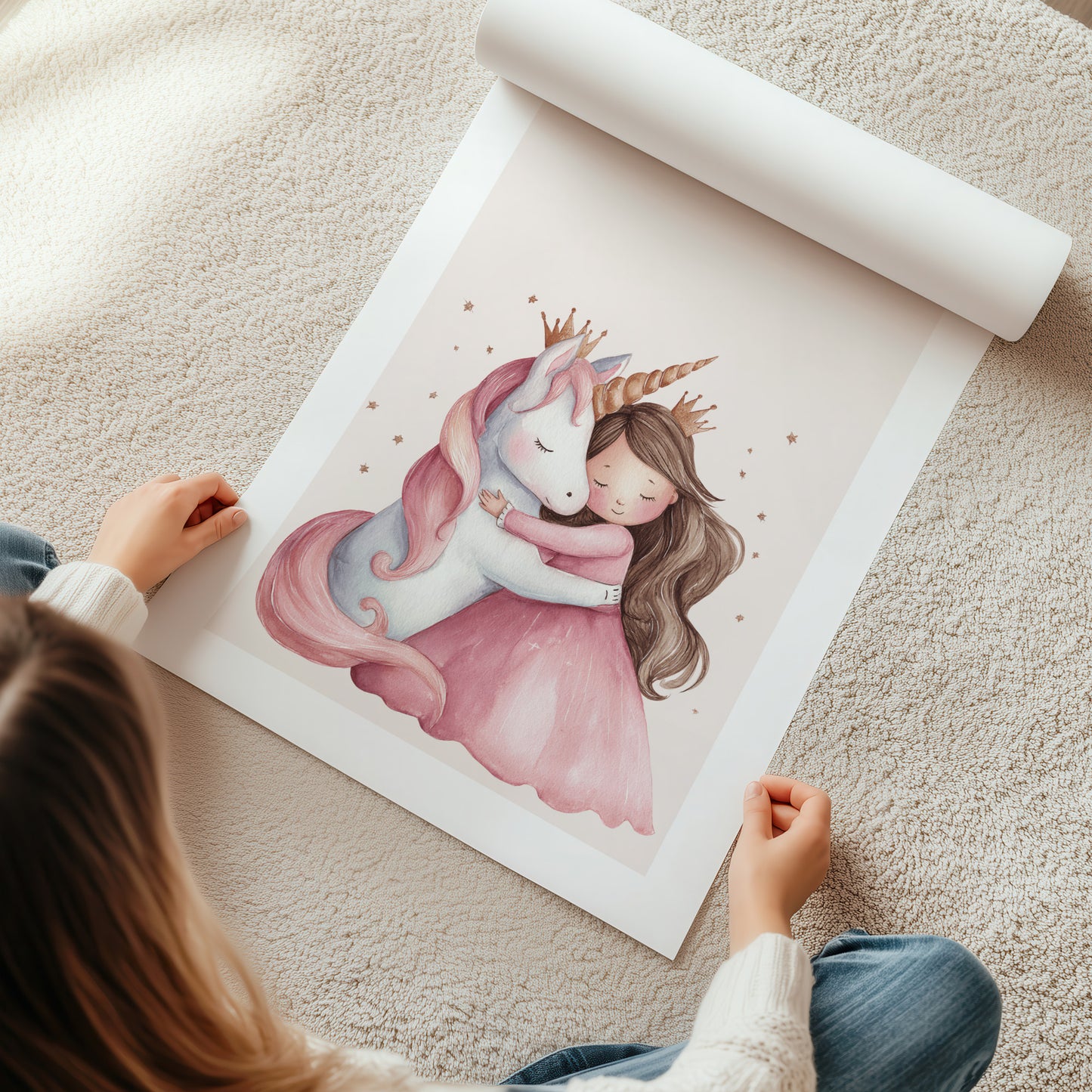 Kinderzimmerbild mit einem gemaltem Einhorn und Prinzessin die sich umarmen.  Poster für das Kinderzimmer 