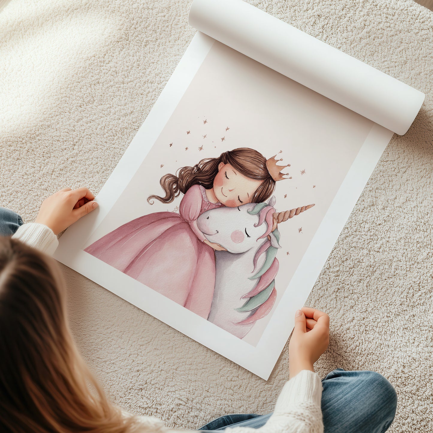 Kinderzimmerbild mit einem gemaltem Einhorn und Prinzessin die sich umarmen.  Poster für das Kinderzimmer 