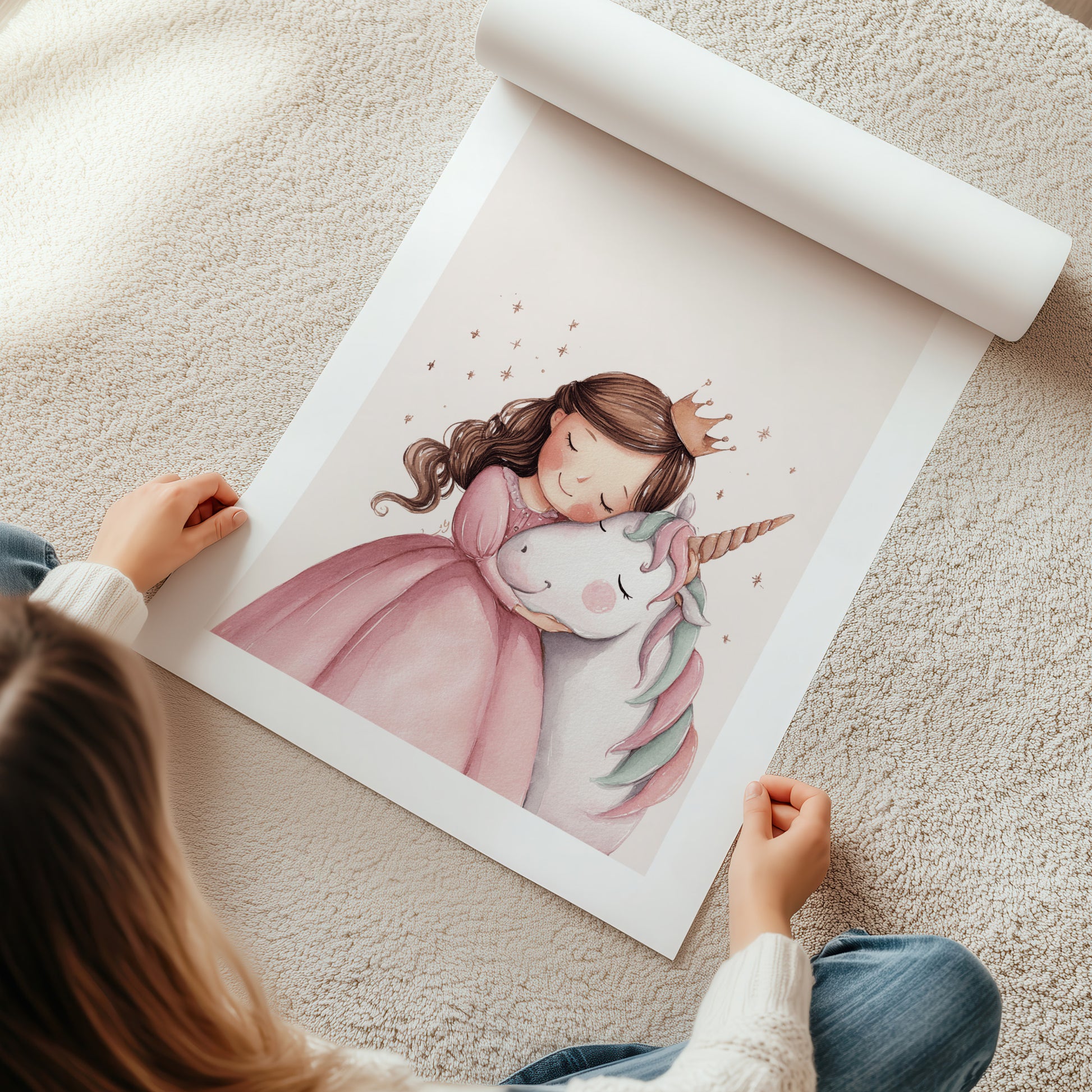 Kinderzimmerbild mit einem gemaltem Einhorn und Prinzessin die sich umarmen.  Poster für das Kinderzimmer 