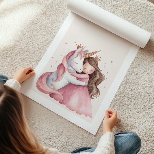 Kinderzimmerbild mit einem gemaltem Einhorn und Prinzessin die sich umarmen.  Poster für das Kinderzimmer 