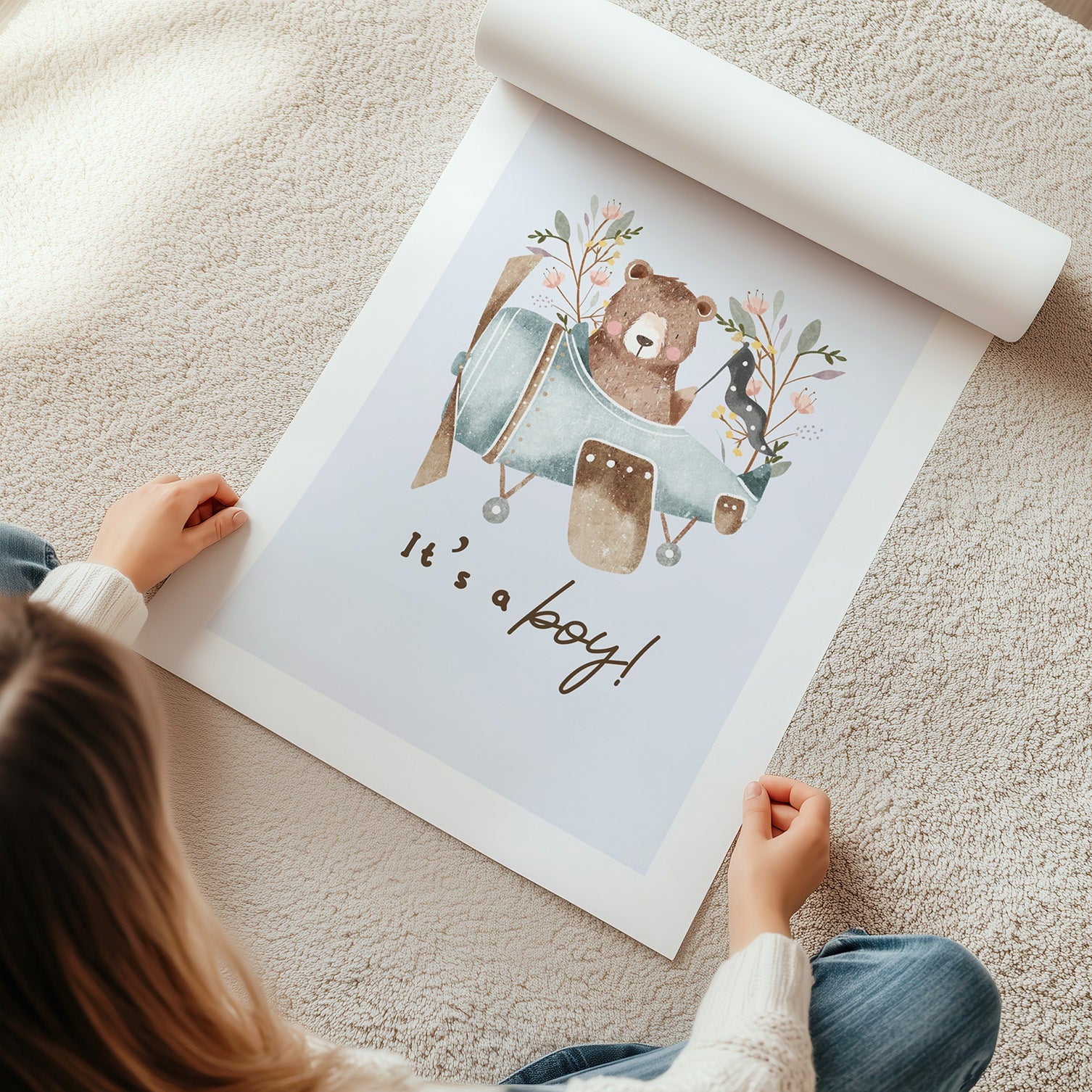 Kinderzimmerbild mit einem Bär in einem Flugzeig und dem Text it´s a boy poster für das Kinderzimmer