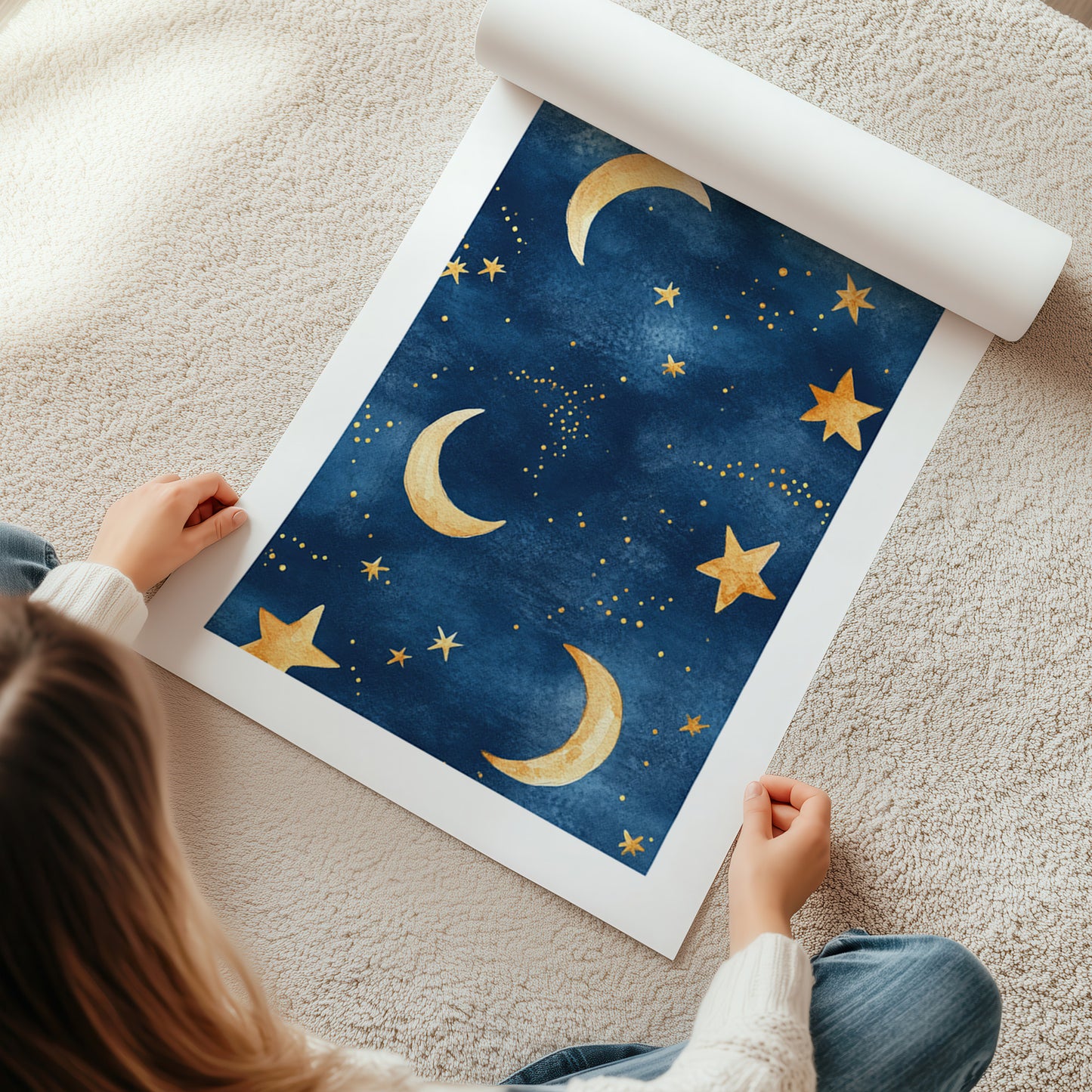 Kinderzimmerbild Sternenhimmel blau mit Mond und Sternen bunt A4 A3 - Poster für das Kinderzimmer babyzimmer 