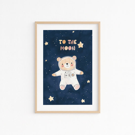 Wandbild gemalt bär als Astronaut im weltraum mit dem text to the moon