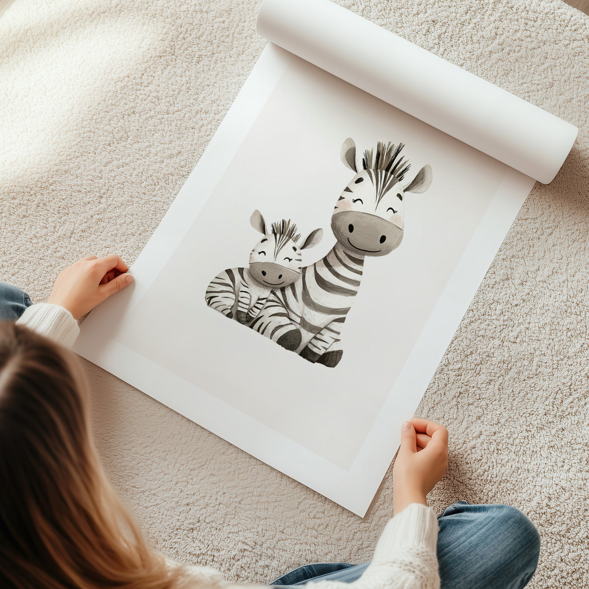 Kinderzimmerbild mit zwei Zebras gemald A4 - Poster für das Kinderzimmer babyzimmer