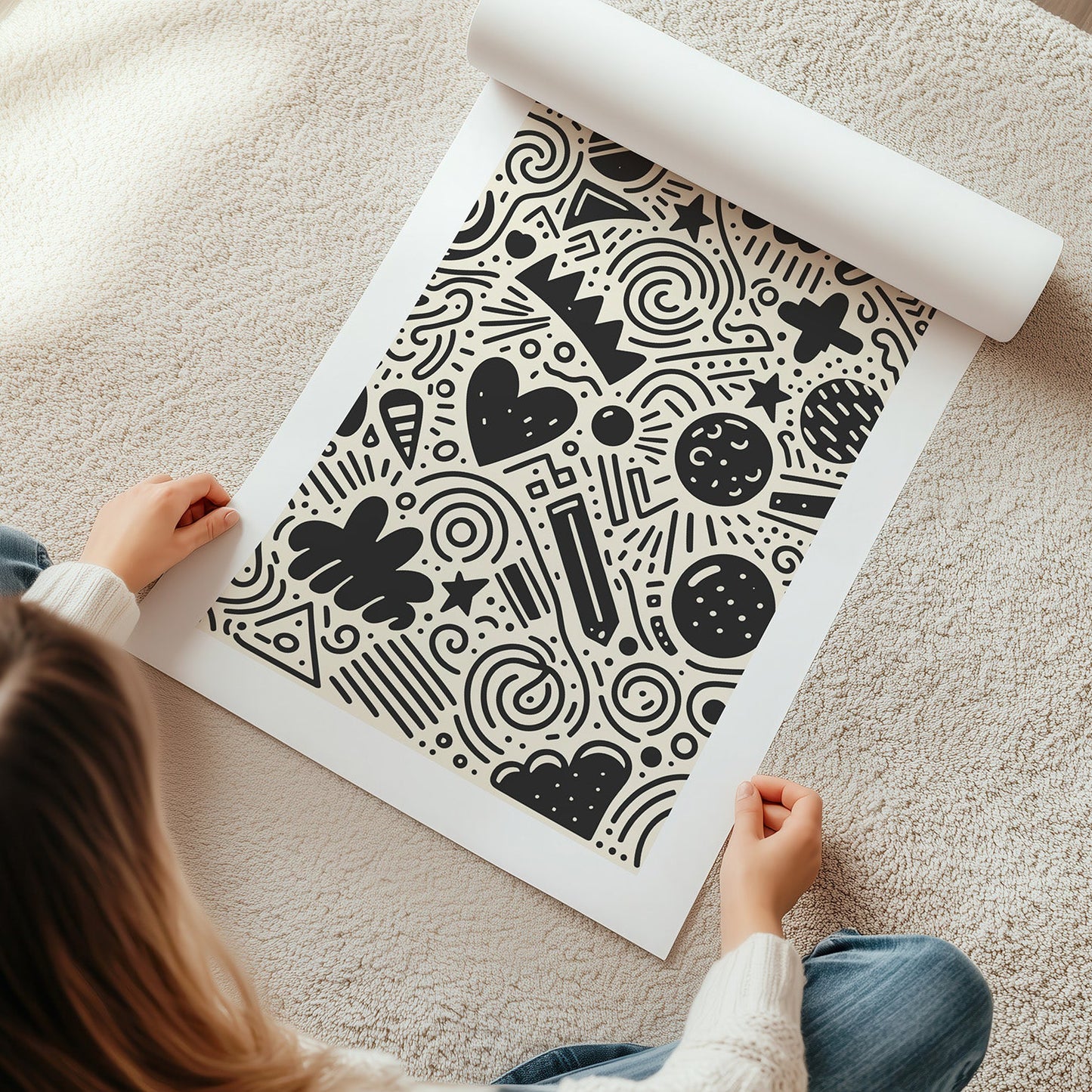 Kinderzimmerbild mit doodle zeichnungen schwarz auf beigen hintergrund - poster für das Kinderzimmer