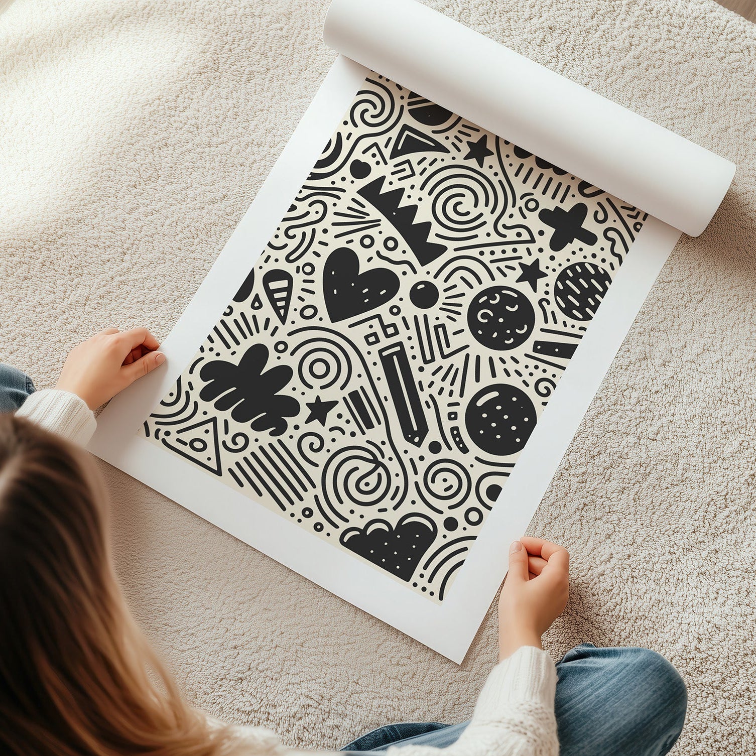 Kinderzimmerbild mit doodle zeichnungen schwarz auf beigen hintergrund - poster für das Kinderzimmer