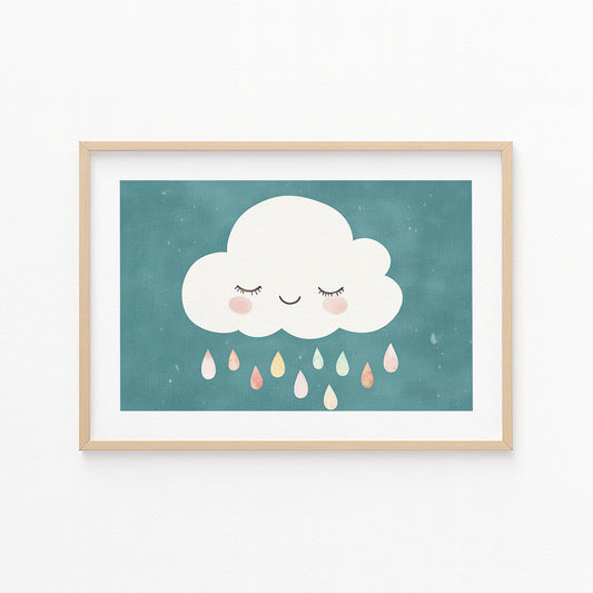 Kinderzimmerbild Wolke mit bunten Regen bunt gemalt mit Hintergrund - Poster für das Kinderzimmer babyzimmer A4 & A3