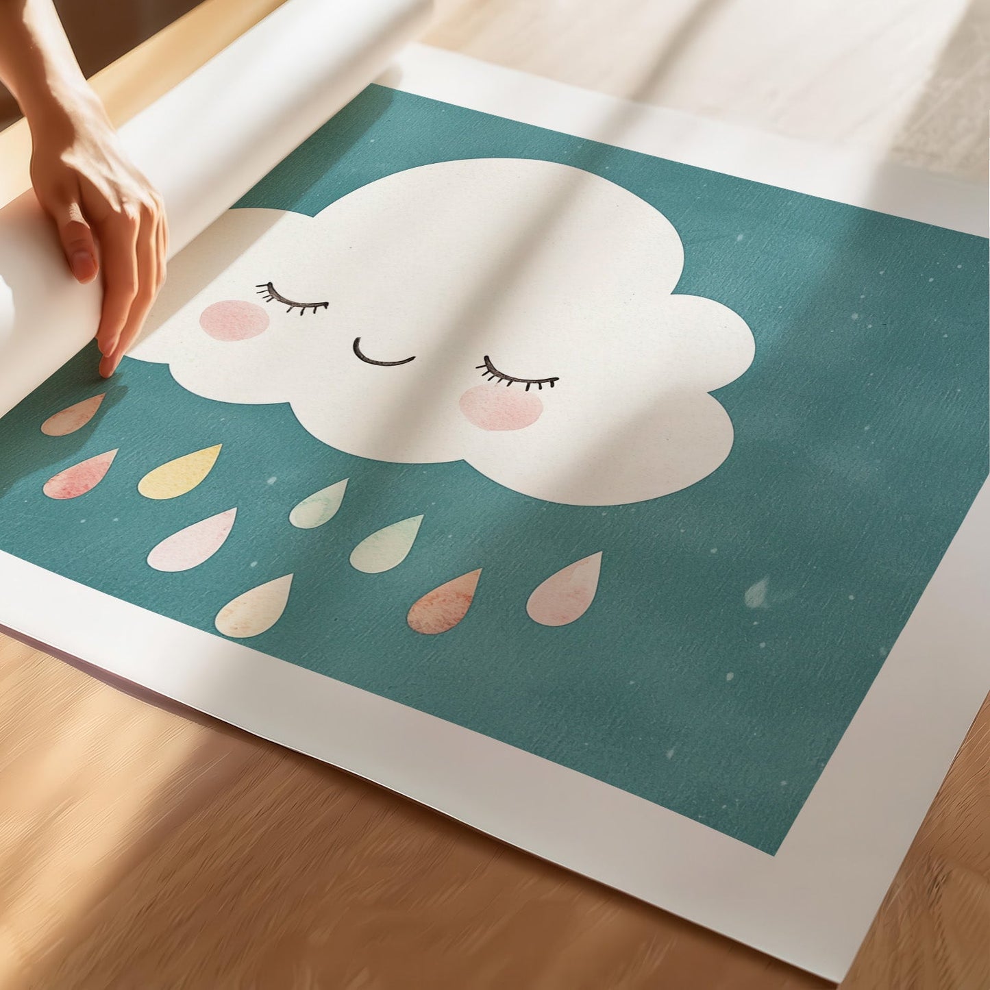 Kinderzimmerbild Wolke mit bunten Regen bunt gemalt mit Hintergrund - Poster für das Kinderzimmer babyzimmer A4 & A3