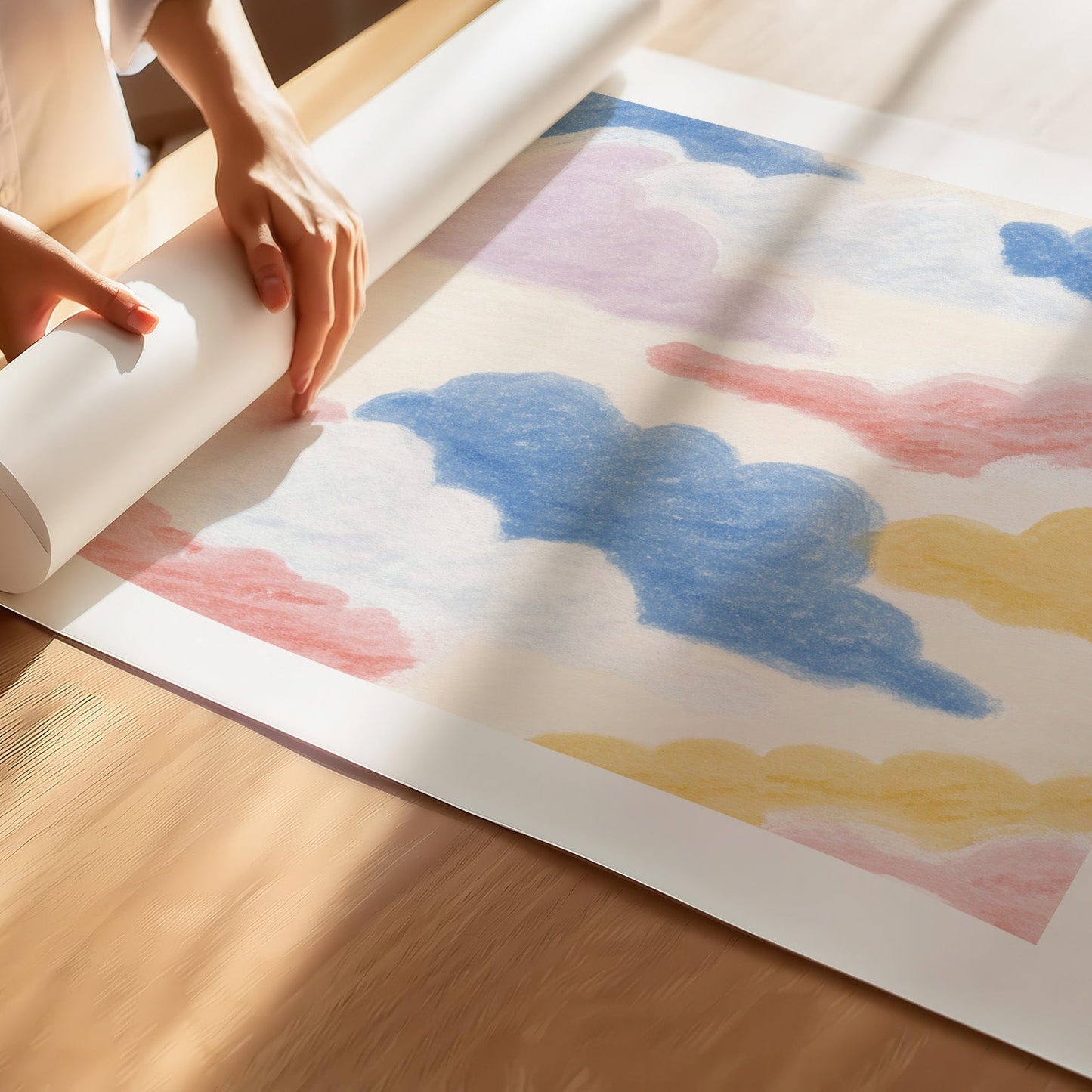 Kinderzimmerbild mit einem bunt gemalten Wolken Pastell - Poster für das Kinderzimmer - Babyzimmer A3 & A4