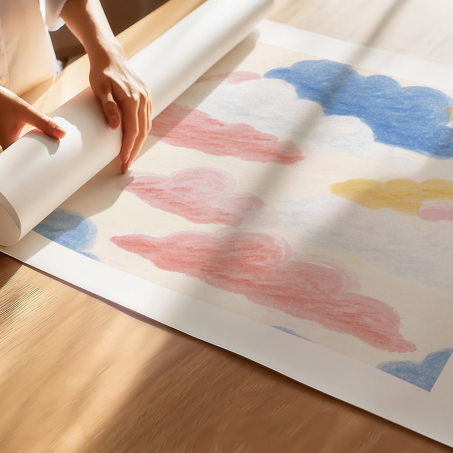 Kinderzimmerbild mit einem bunt gemalten Wolken Pastell - Poster für das Kinderzimmer - Babyzimmer A3 & A4